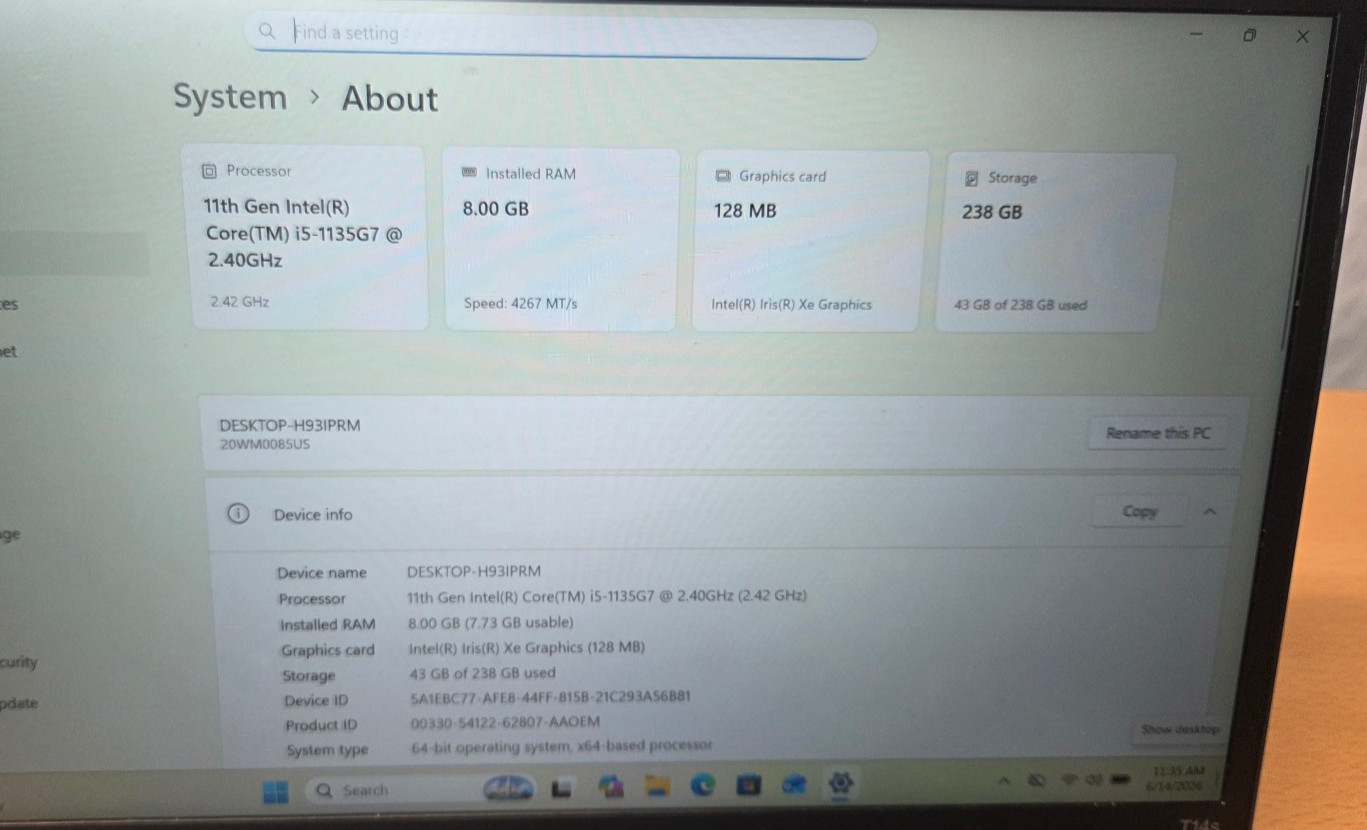 Lenovo ThinkPad T14S Gen2 I5-1135G7 8GRAM 256GSSD WIN11P Iris Xe