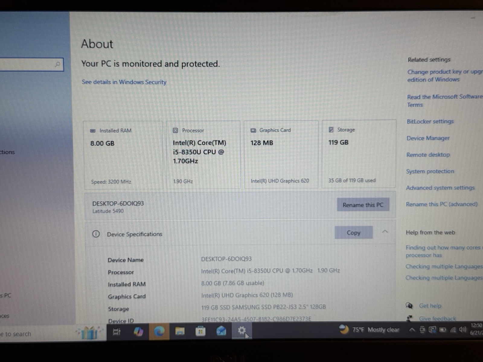 DELL LATITUDE 5490 14” INTEL I5-8350U 8GB RAM 128GB SSD