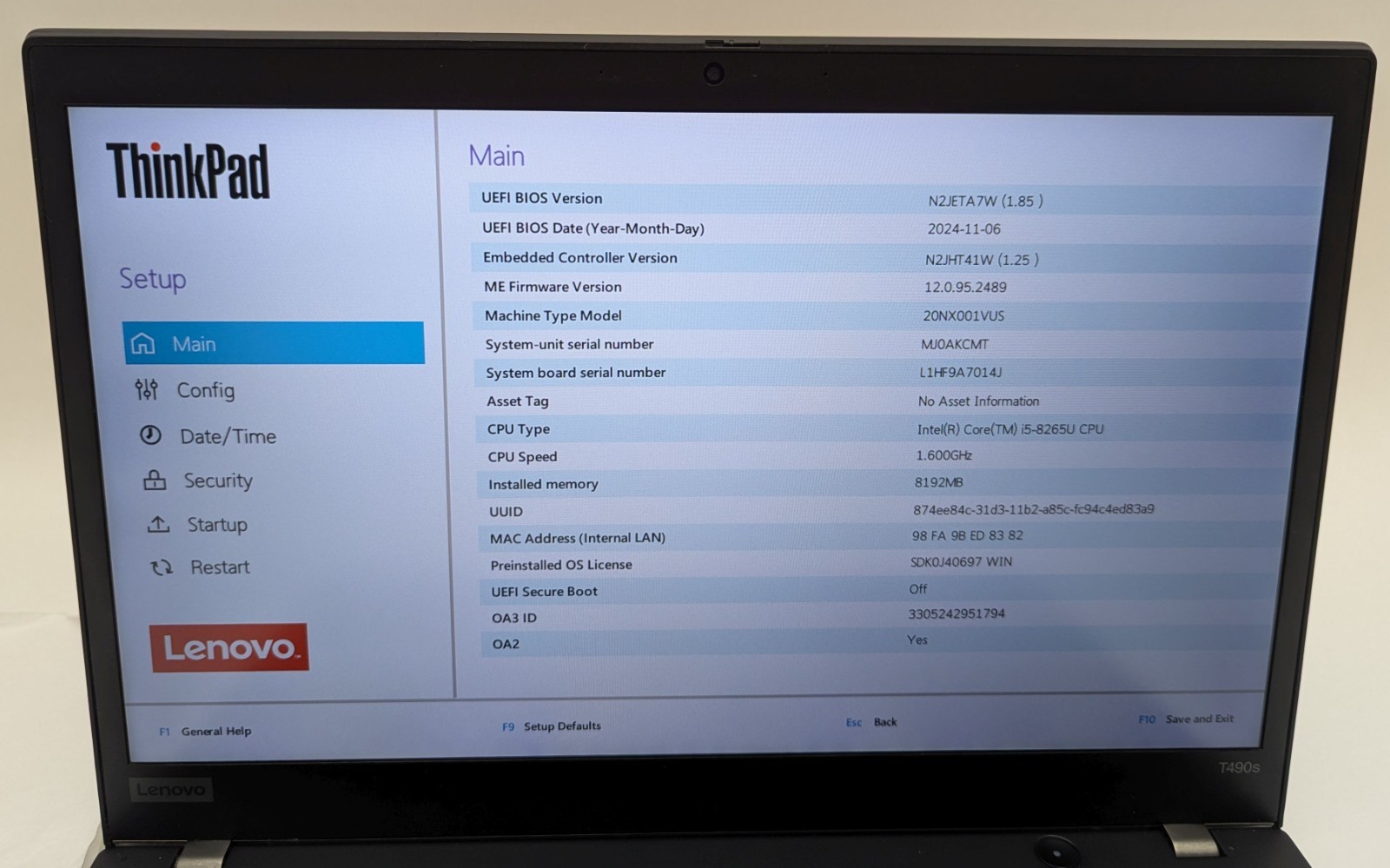 Incomplete Lenovo ThinkPad T490s 14″ Laptop Intel Core i5-8265U 1.60GHz 8GB RAM