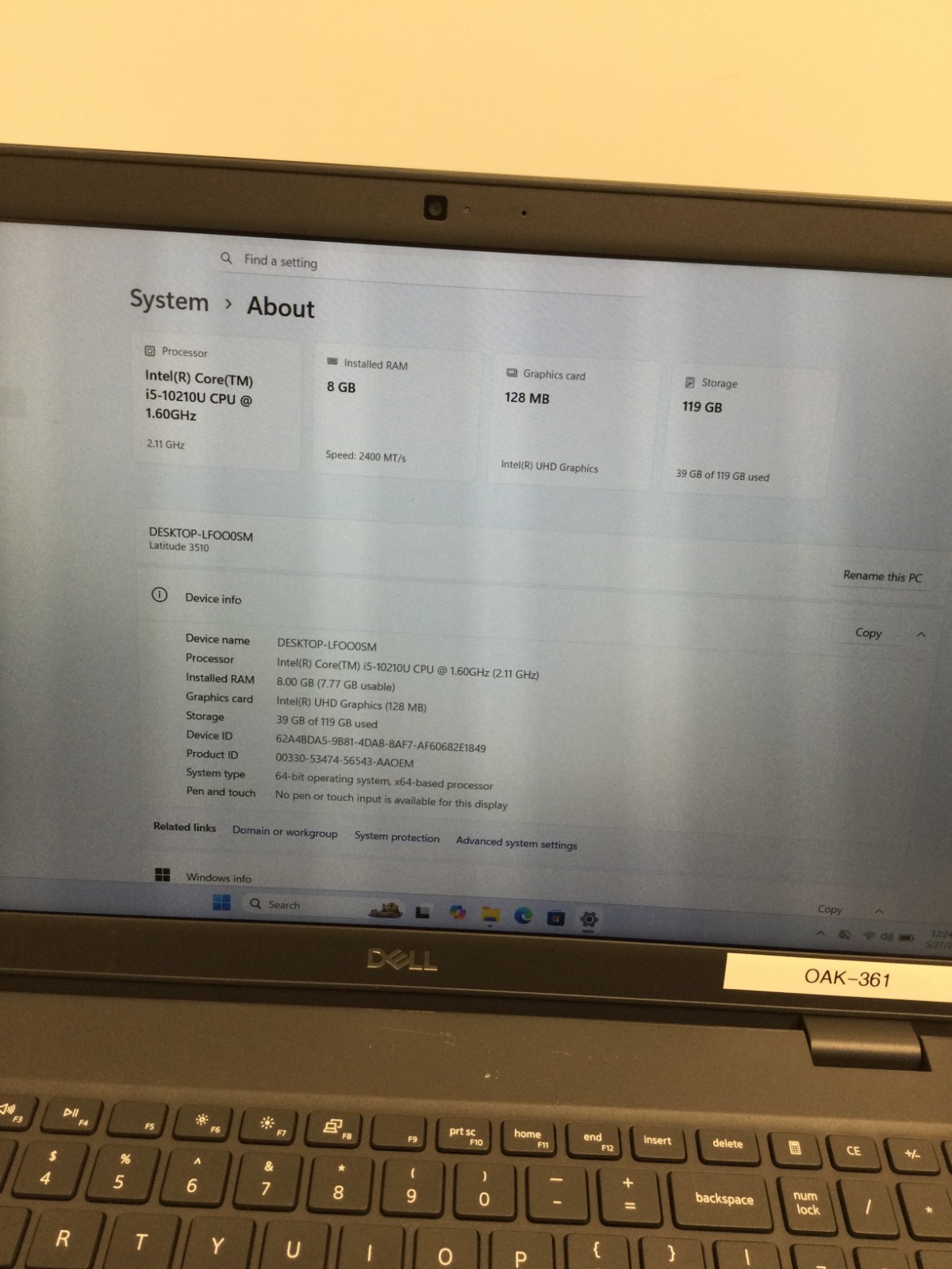 Dell Latitude 3510 15.6″intel core i5-10210U 1.60GHz 8GB RAM 128GB SSD W11P