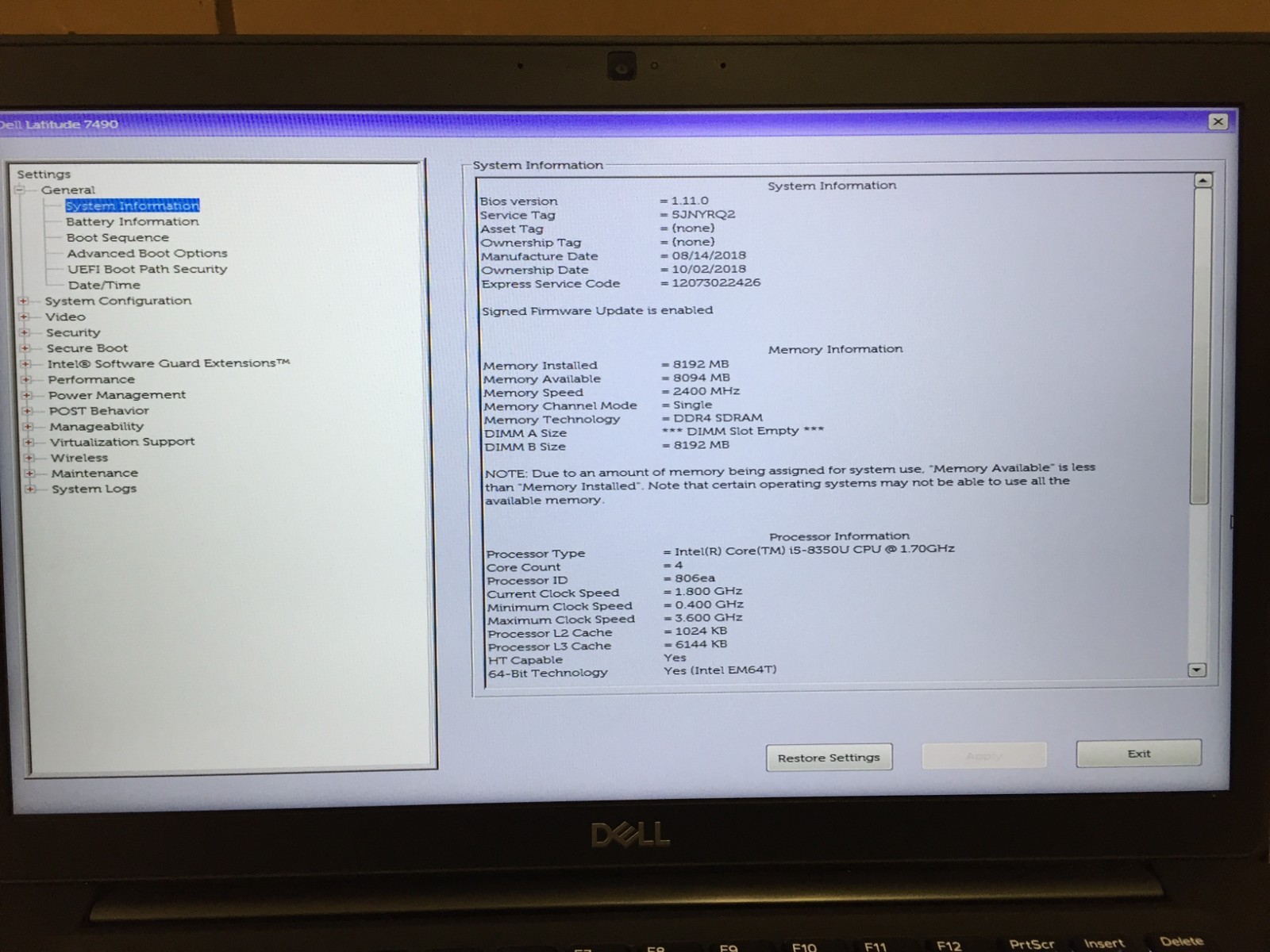 Dell Latitude 7490 14″ FHD Laptop i5-8350U 8GB RAM 256GB SSD w/AC