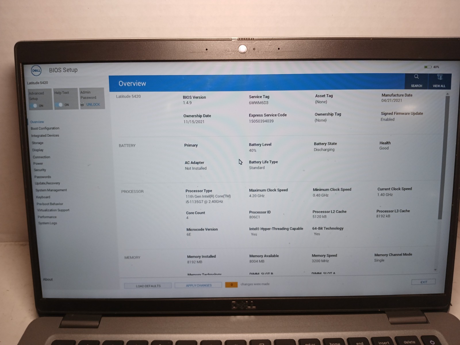 Dell Latitude 5420 14″ Laptop i5-1135G7 8GB No SSD/OS! BIOS PW!! #97