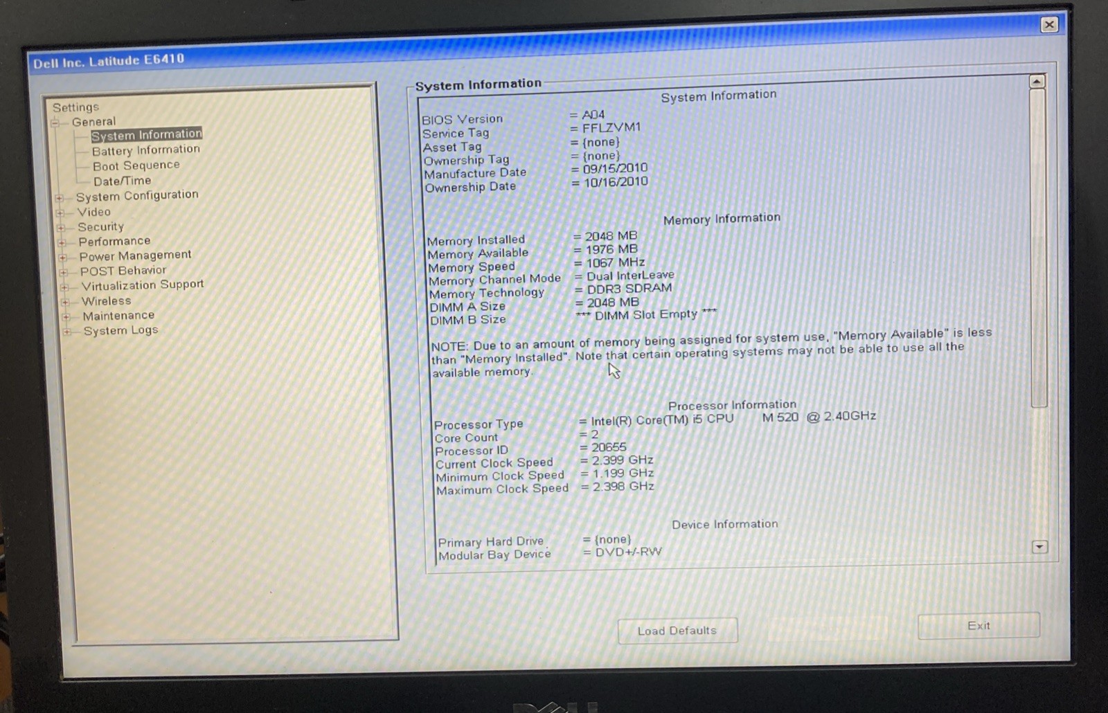 Dell Latitude E6410 i5 M520 2.40GHz 2gb Ram No HDD Boots Bios