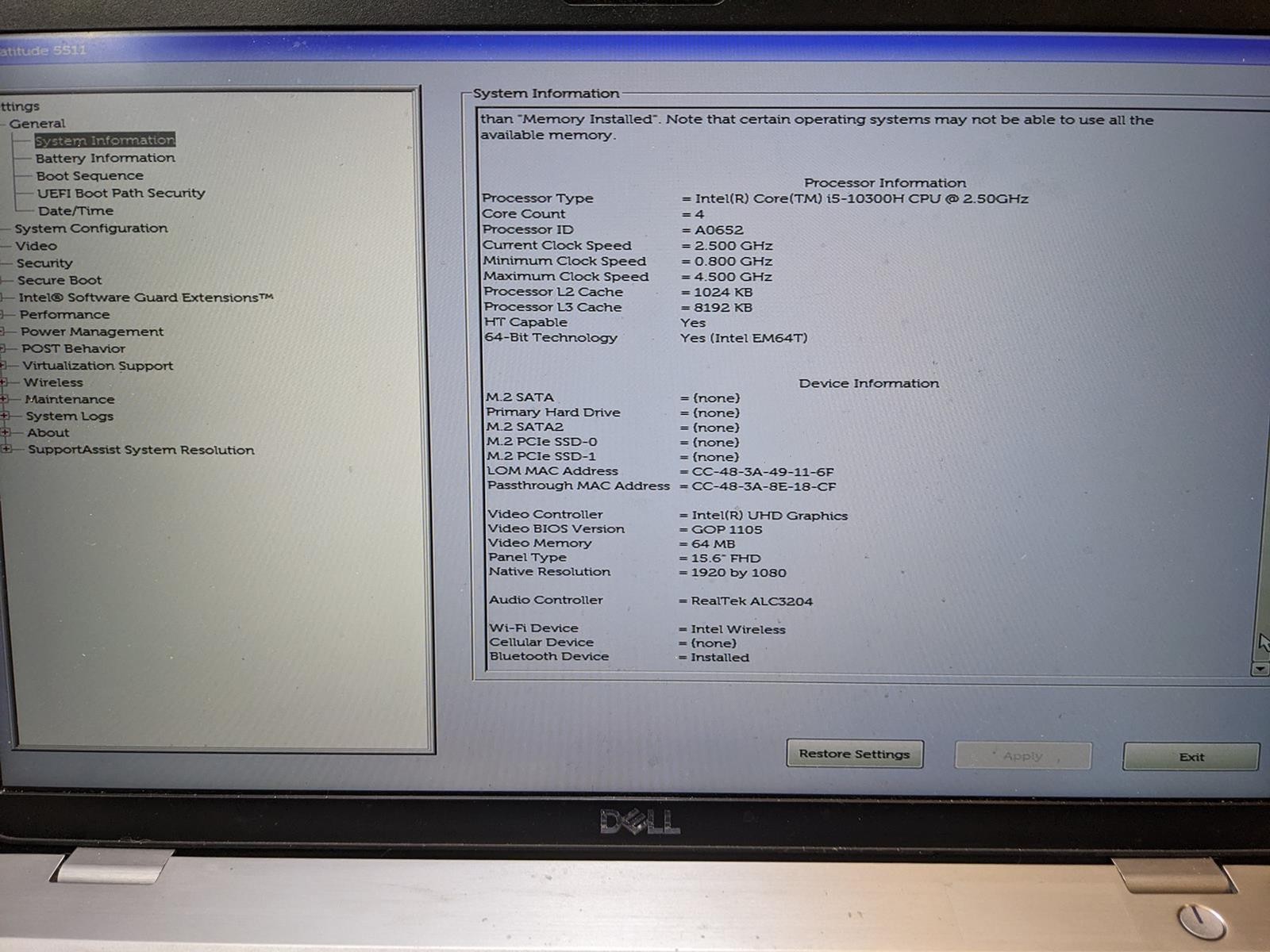 DELL LATITUDE 5511 i5-10300H @ 2.5 GHz, 4GB RAM, NO HDD/OS