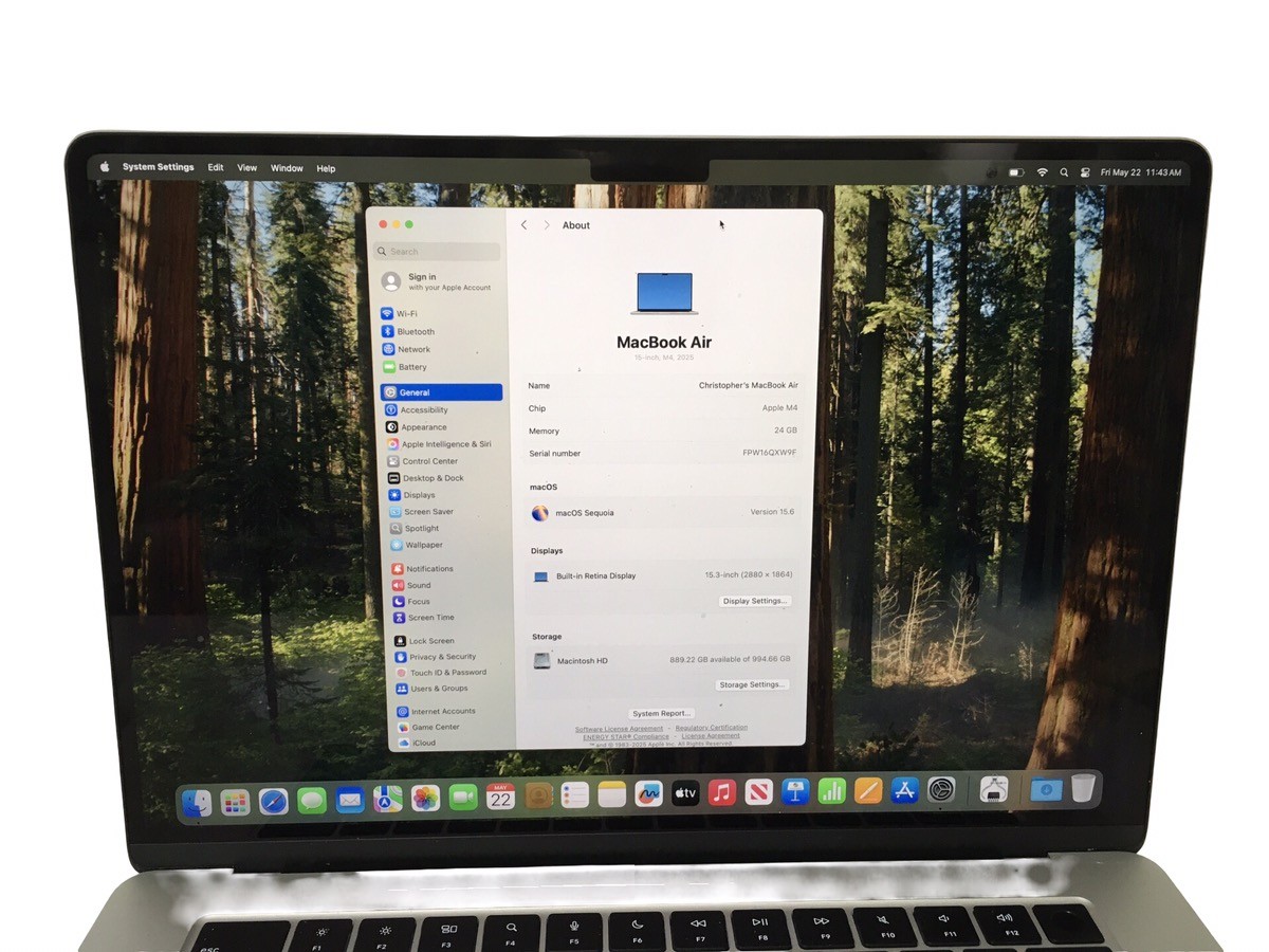 APPLE MACBOOK AIR 15″ M4 1TB SSD 24GB RAM A3241 MACOS SEQUOIA 16 CYC (EPJ033500)
