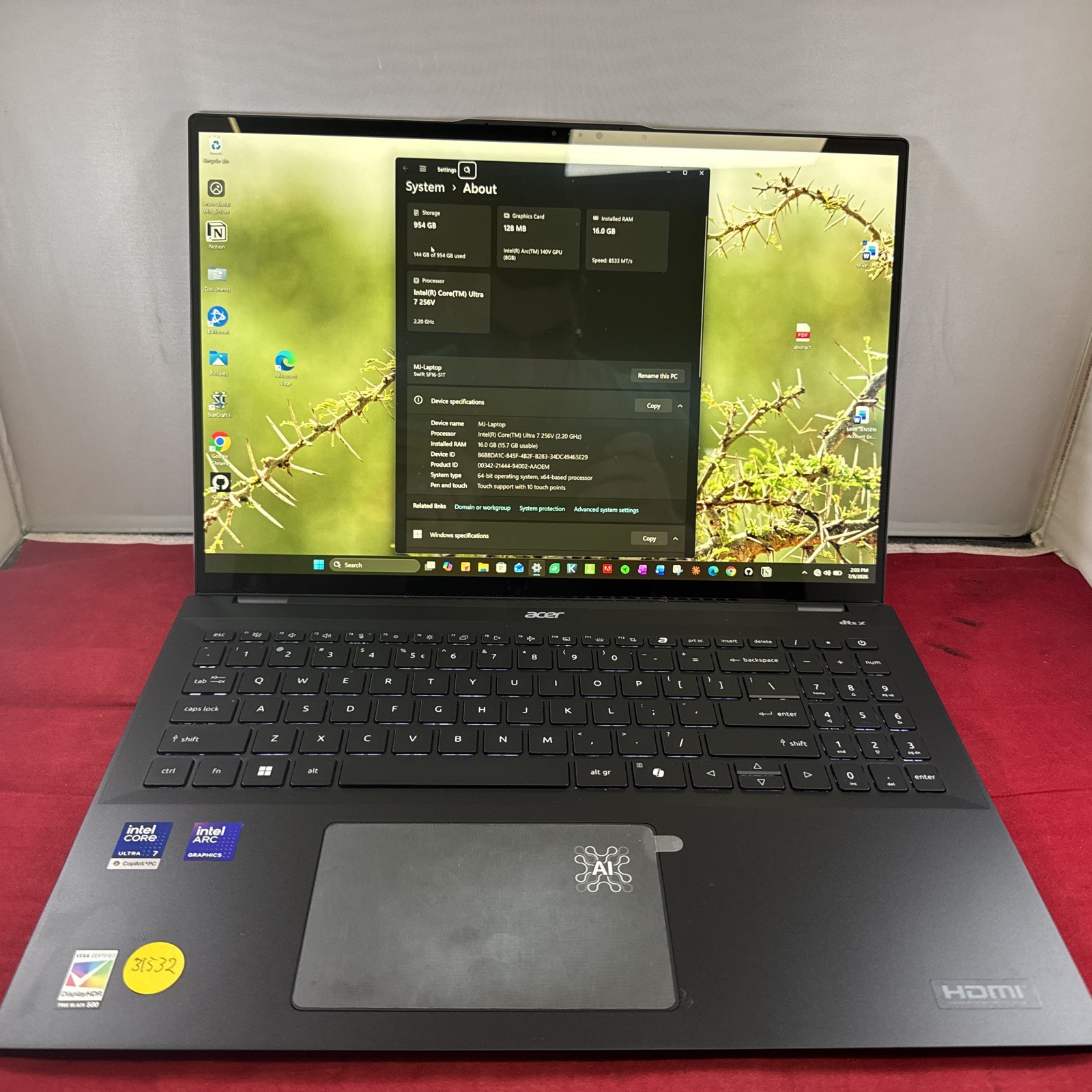 Acer Swift 16 AI N24Q11 16″ Core Ultra 7 256V 2.2GHz 16GB RAM 1TB SSD