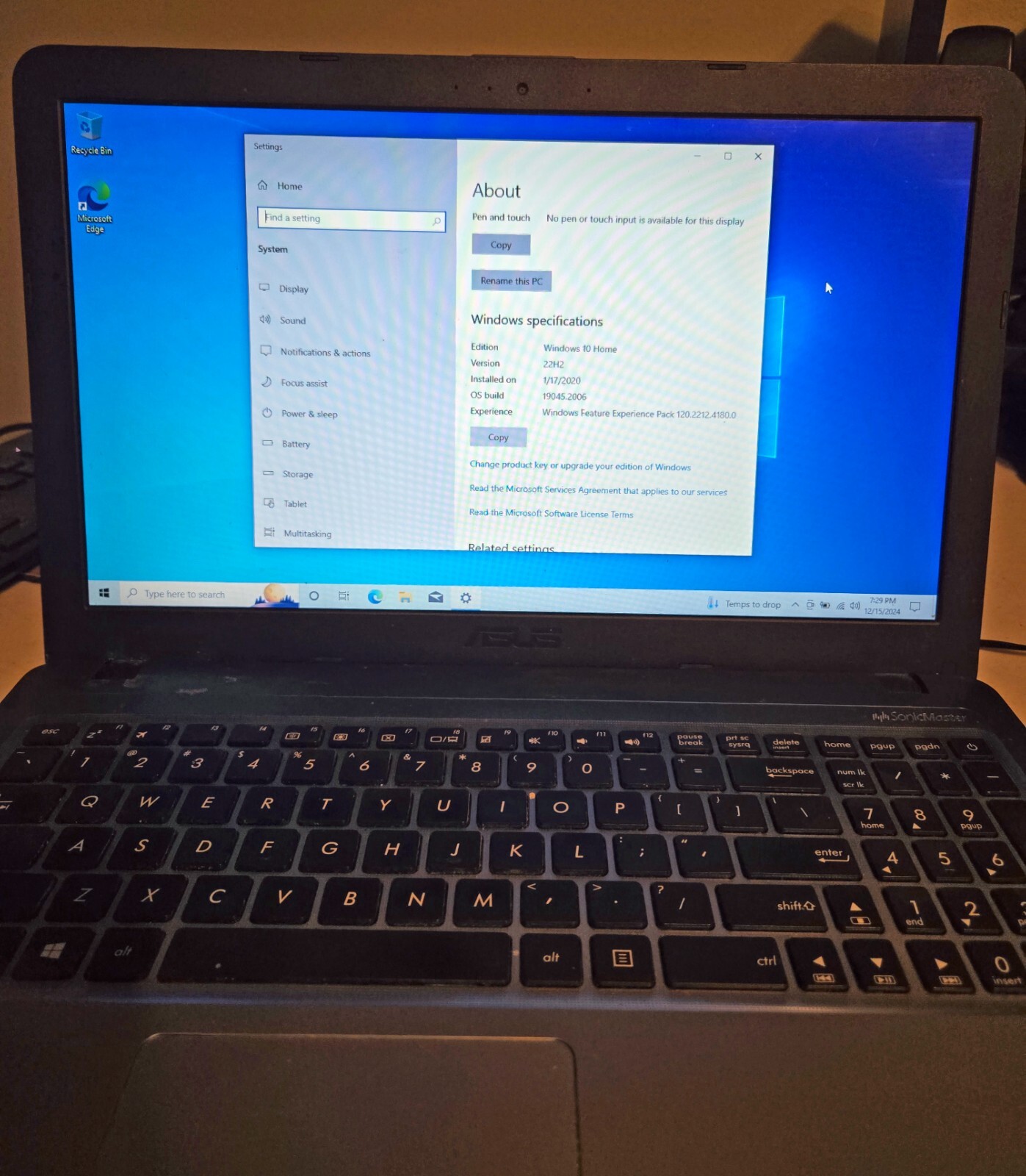 ASUS X540L Laptop, Intel Core i3-5020U CPU 2.20GHz, 8 GB RAM, Win 10, 250 GB HD