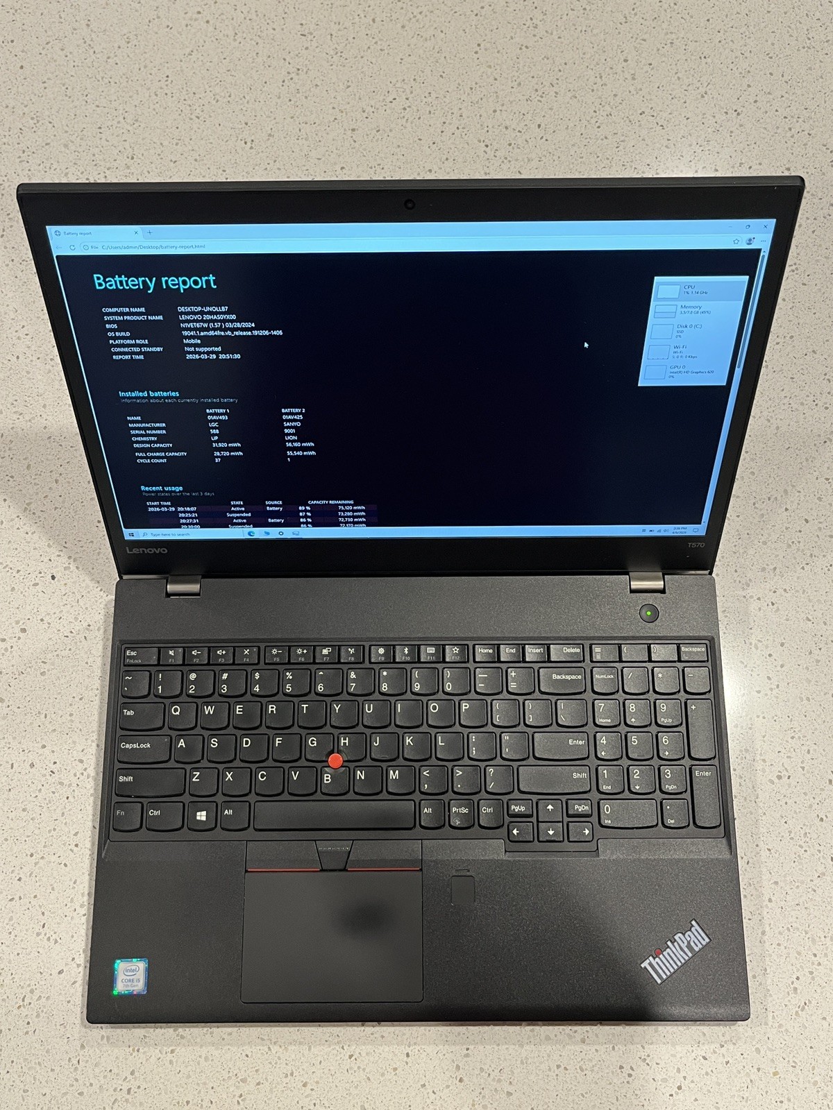 Lenovo ThinkPad T570 i5-7200U 8GB RAM 128GB SSD + Battery