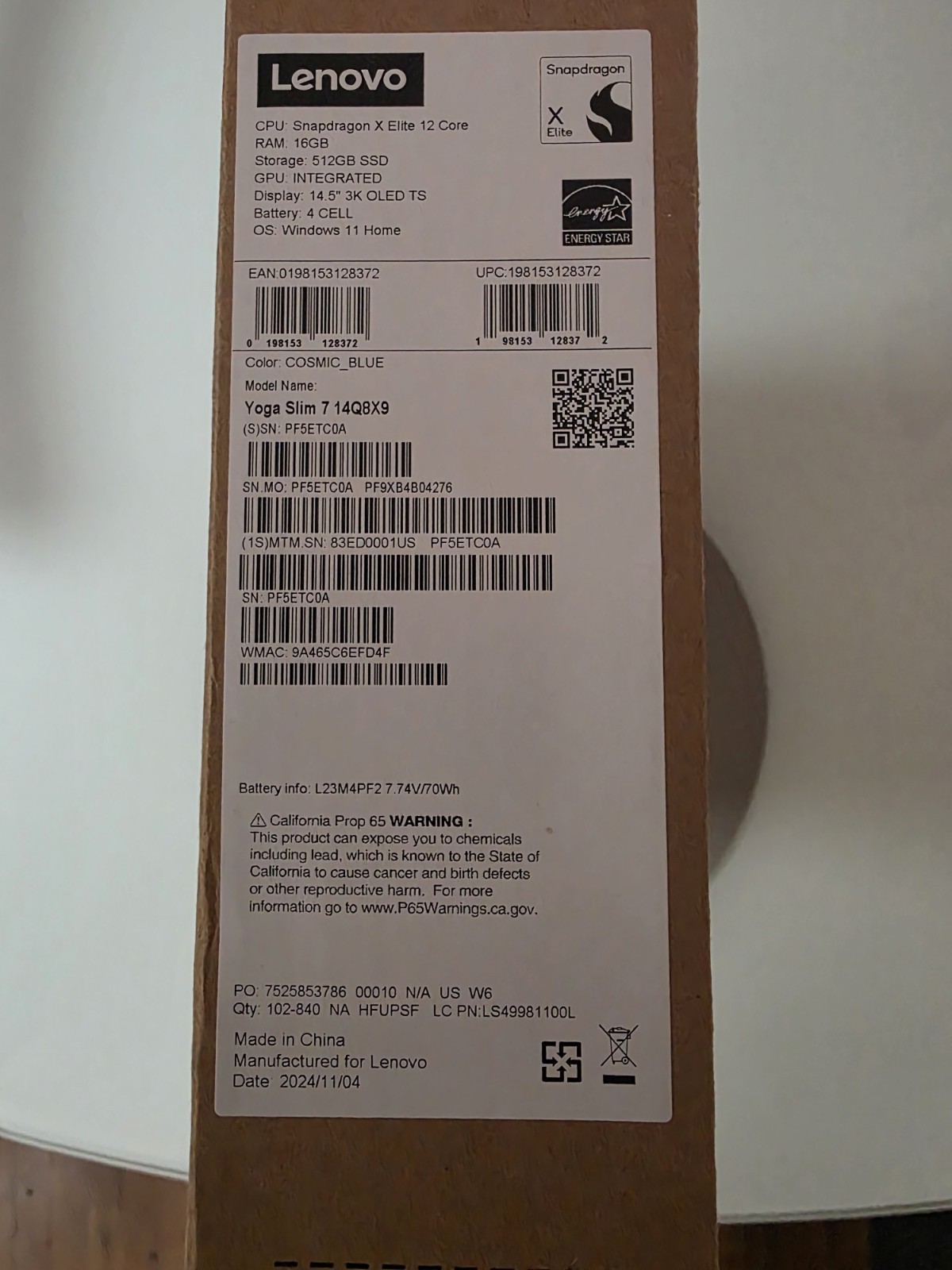 Lenovo Yoga Slim 7x 14.5″ Snapdragon X Elite X1E-78-100 16GB 512GB SSD