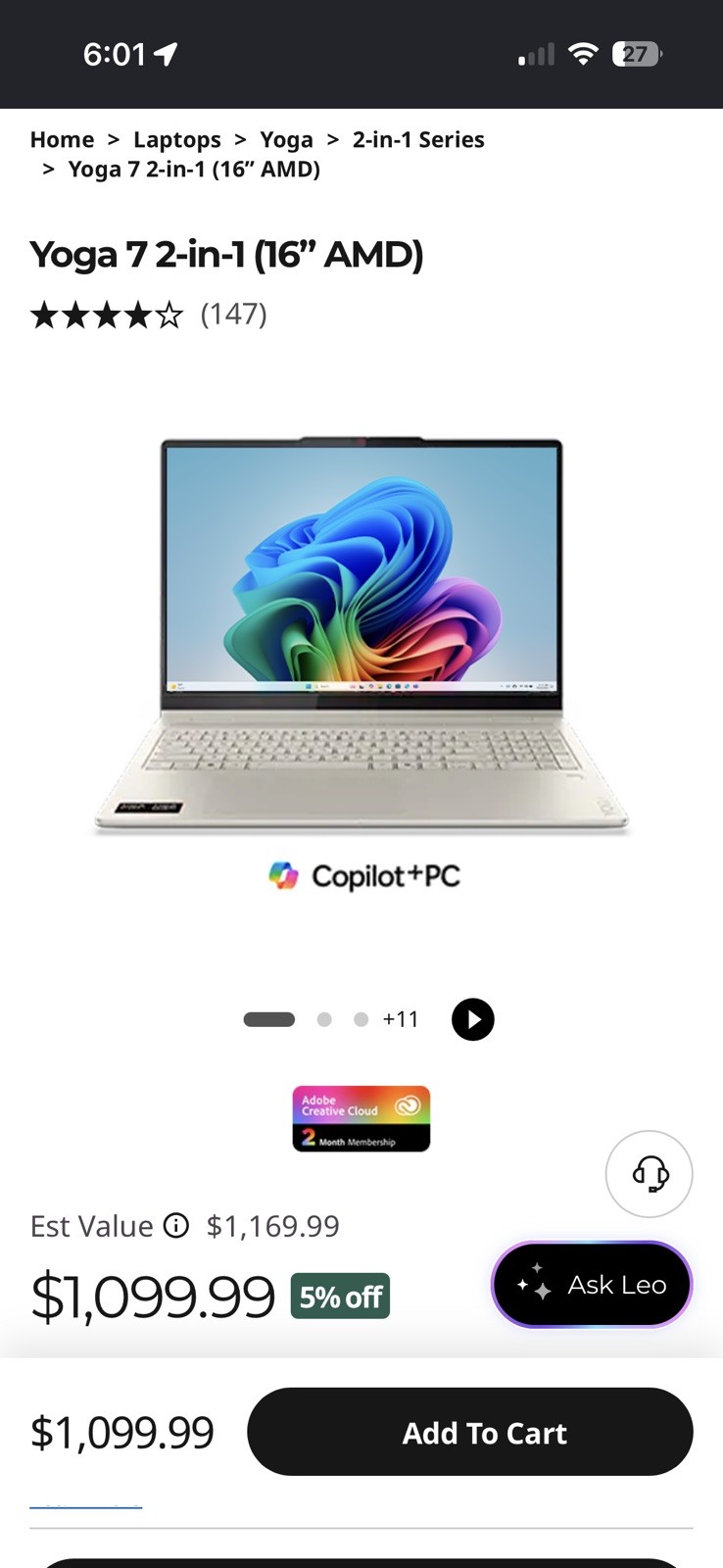 Lenovo Yoga 7 16IAP7 16″ (256GB SSD, Intel Core i5 12th Gen., 4.40 GHz, 8GB)…