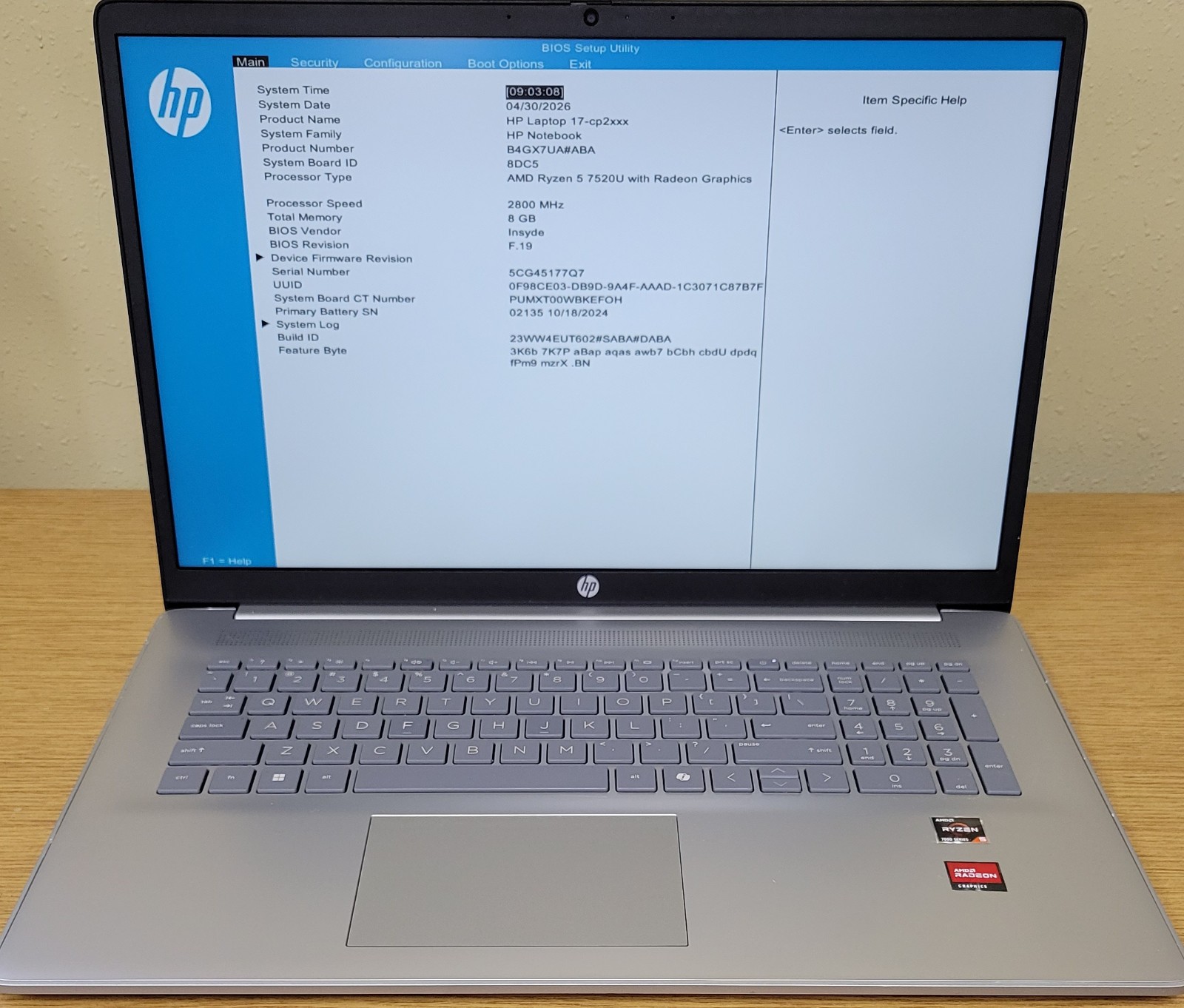 HP NoteBook 17-cp2025dx Ryzen 5 7520U 8GB DDR4 256GB NVMe No OS