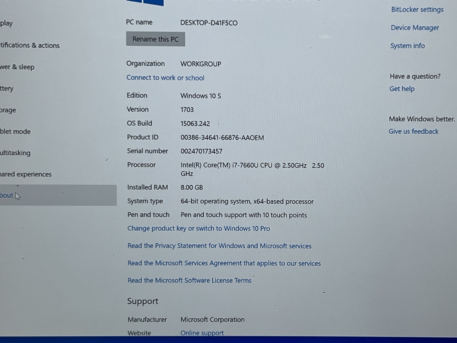Surface Laptop 13.5″ 1769 (256GB SSD, Core i7-7660U, 2.50GHz, 8GB) Touch screen