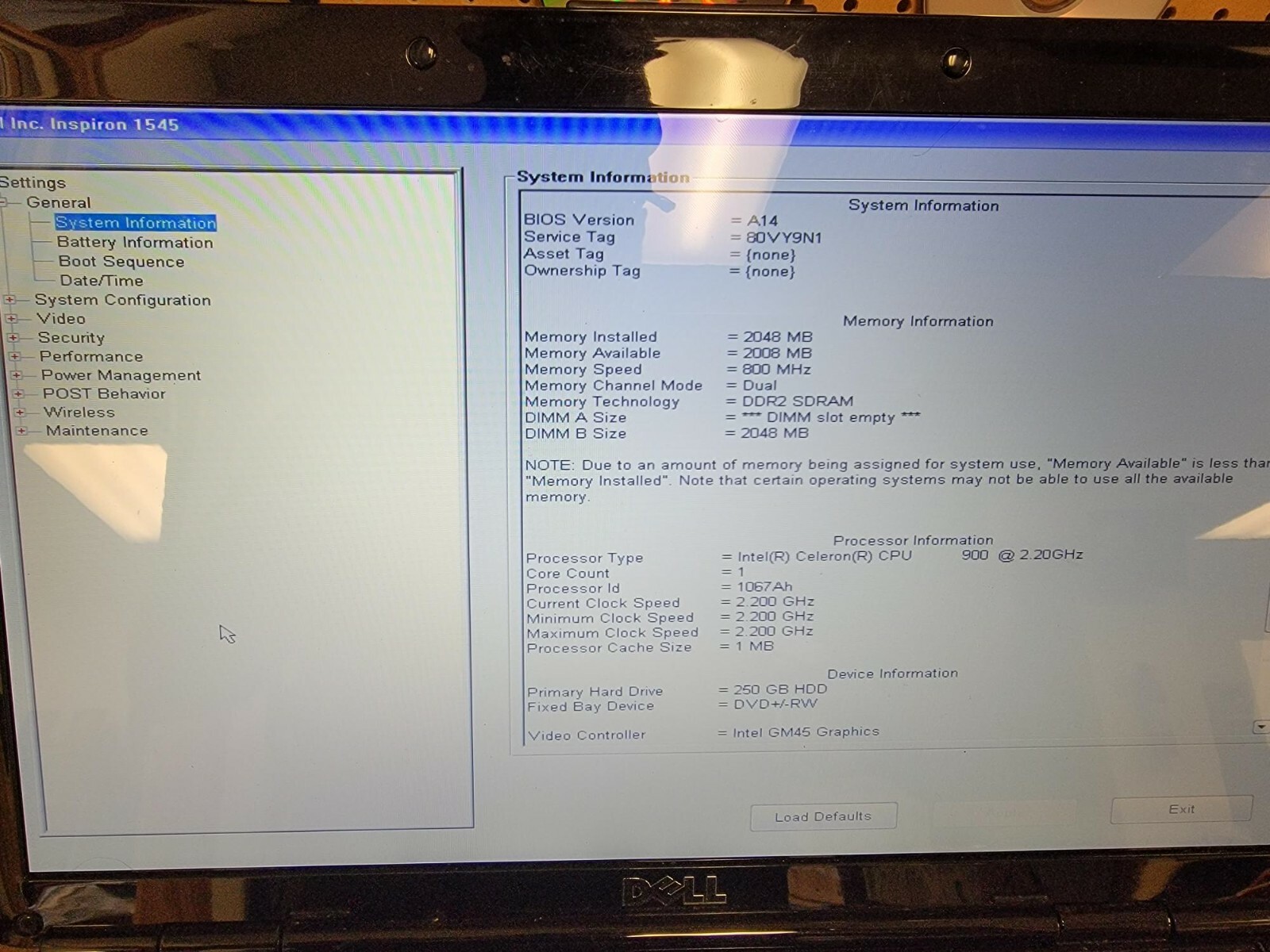 Dell Inspiron 1545 Intel Celeron 900 2.2GHz 4GB RAM 15.6″