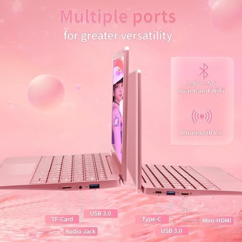 10.1″ Pink Portable Mini Laptop 8GB RAM 256GB SSD WiFi HDMI Bluetooth