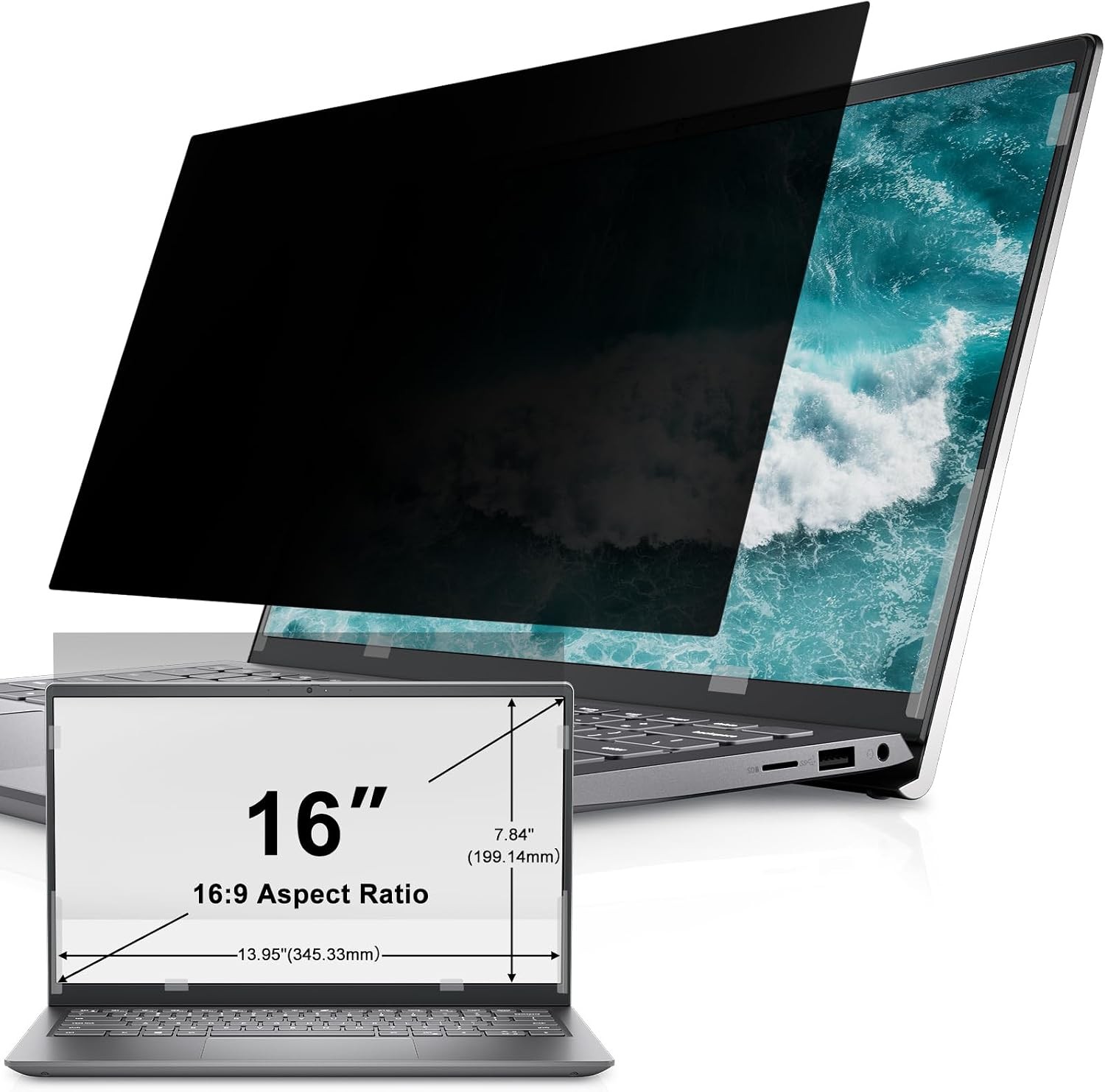 Laptop Privacy Screen 16 Inch 16:9 Aspect Ratio, Anti Blue Light Glare Filter