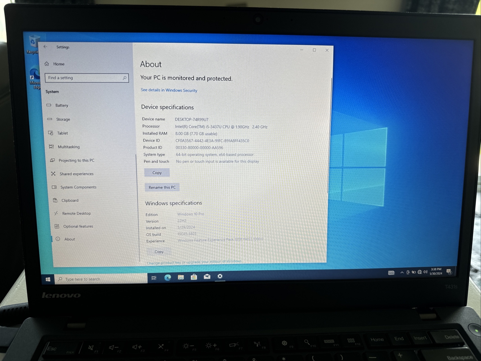 Lenovo ThinkPad T431s Intel i5-3437U 1.9GHZ 8GB RAM 250GB SSD Win10 pro