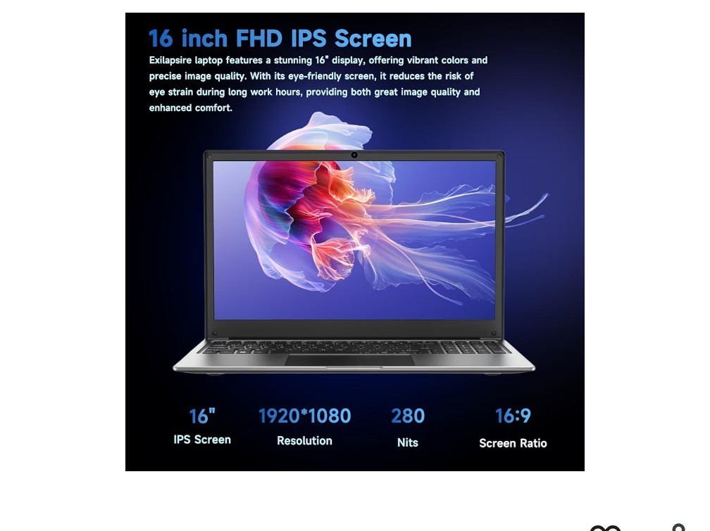 Exilapsire 16in FHD Laptop AMD A9-9400 8GB 256GB SSD Win 11 Pro Silver