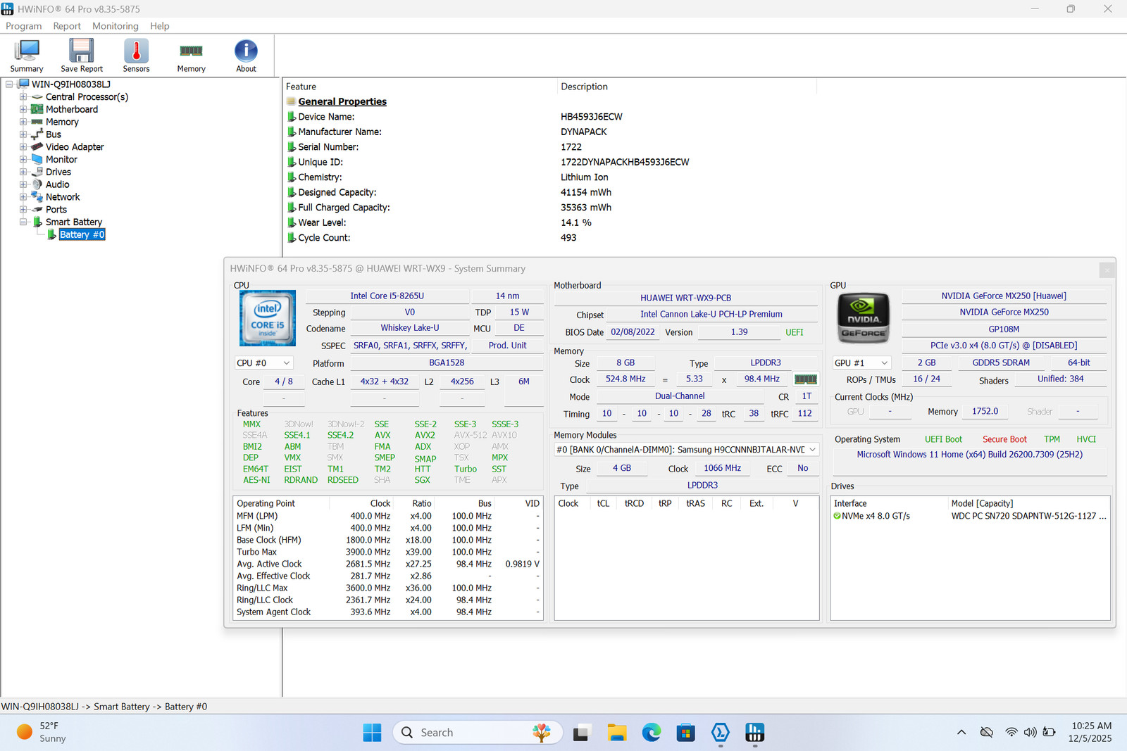 Matebook 13 WRT-W9 13″ 2160 x 1440 I5-8265U 512GB SSD 8GB W11 MX250 *READ*