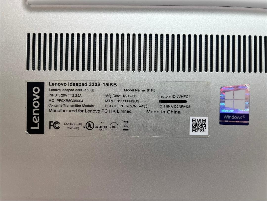 Lenovo Laptop Model 330s-15ikb