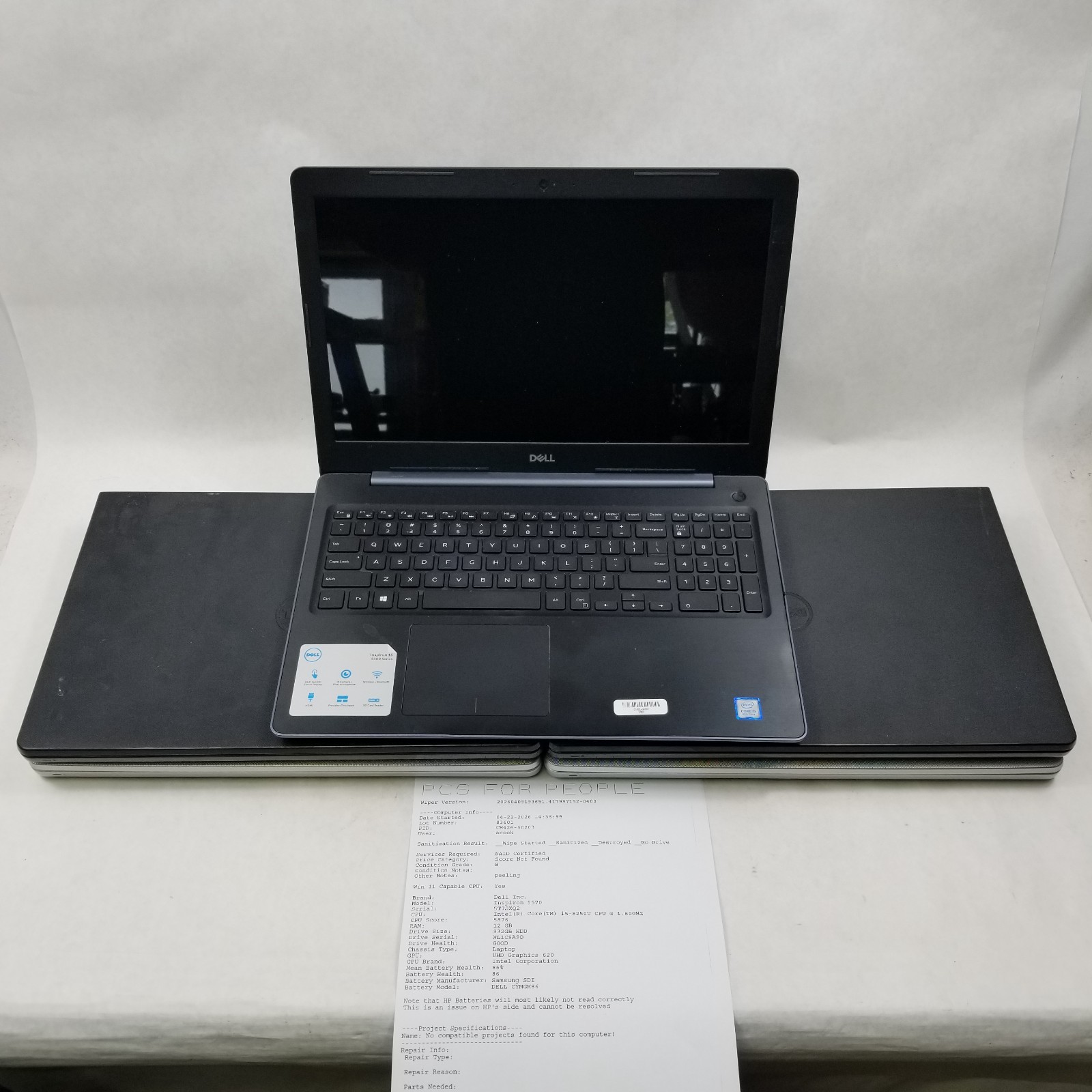 Lot of 5 Dell Inspiron Intel 6th – 8th Laptops Mixed Specs – 5566 / 5559 / 5570