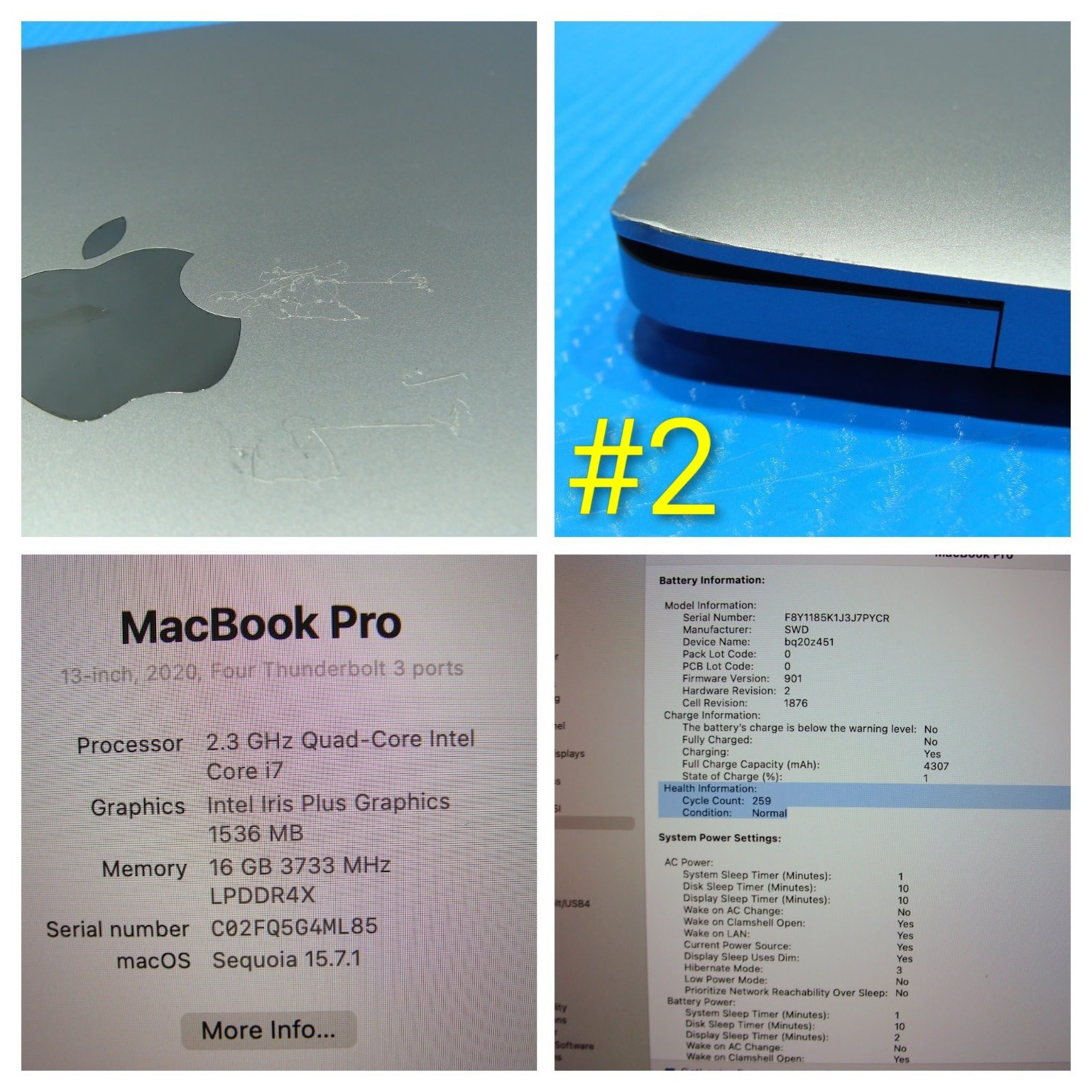 Apple MacBook Pro 13″ (2020) A2251/BTO i7-1068NG7 2.3GHz 16GB 512GB OS Sequoia