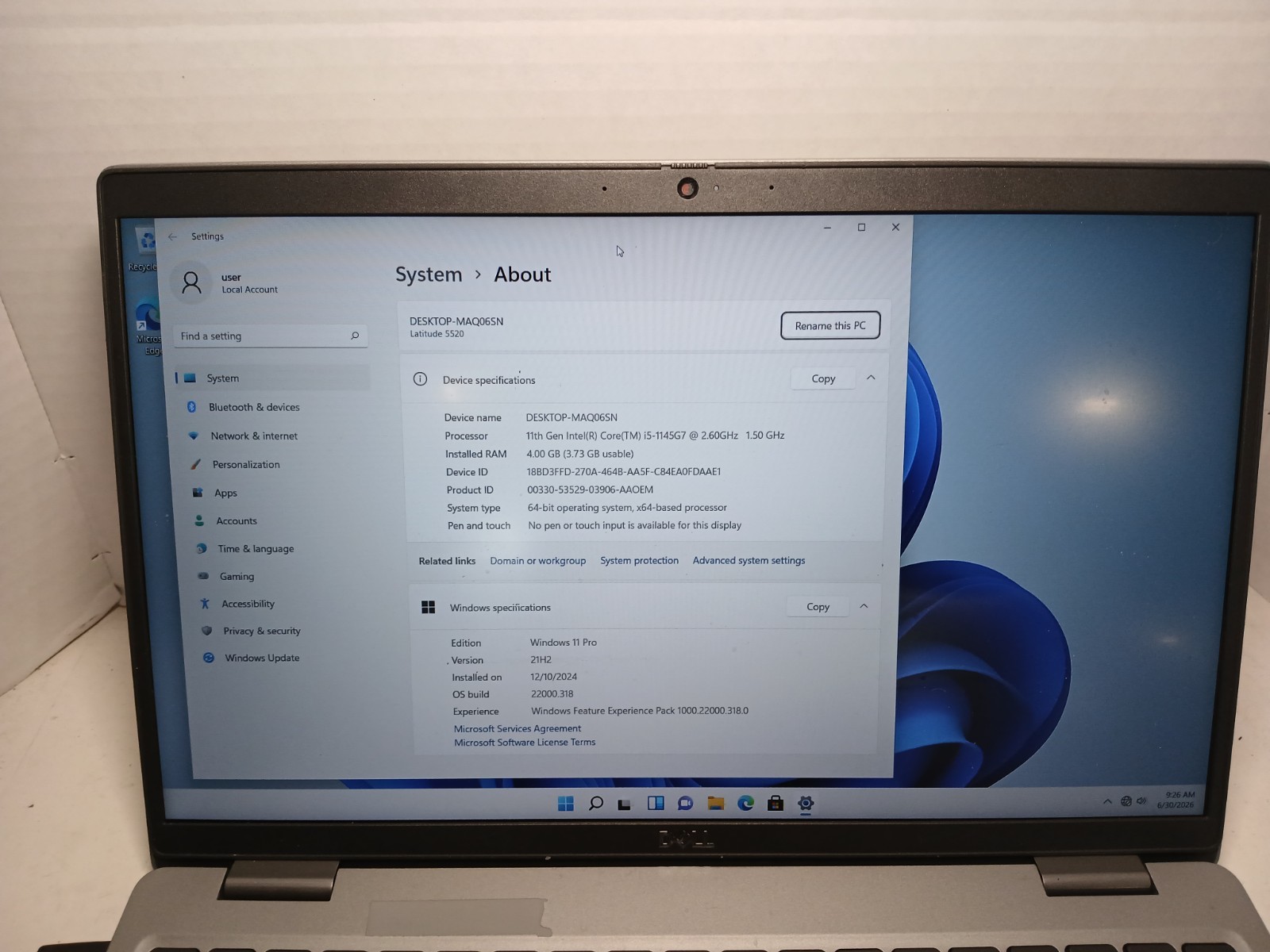 Dell Latitude 5520 15.6″ Laptop i5-1145G7 4GB RAM 256GB SSD Win11 NO BATTERY #97