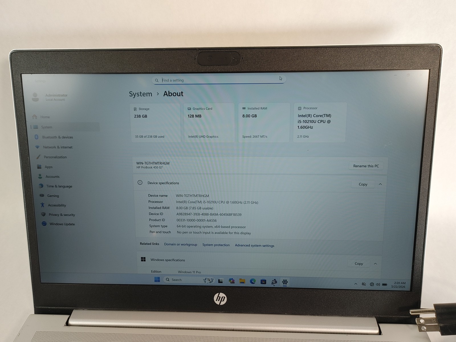 HP ProBook 450 G7 Core i5-10210U 1.60 GHz 8 GB DDR4 256 GB NVMe Windows 11 Pro