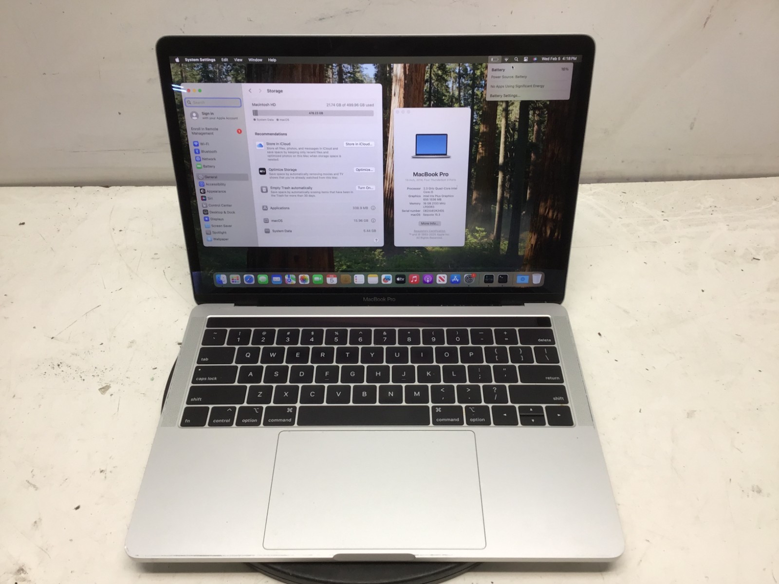 Apple MacBook Pro A1989 Intel Core i5 2.3GHz 16GB 500GB SSD