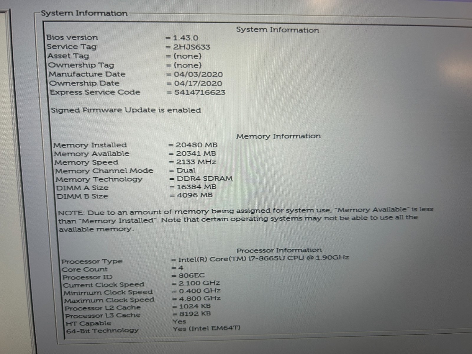 DELL LATITUDE 7400, Intel Core i7-8665U, 1.90 GHz, 20 GB RAM, 256 GB M.2