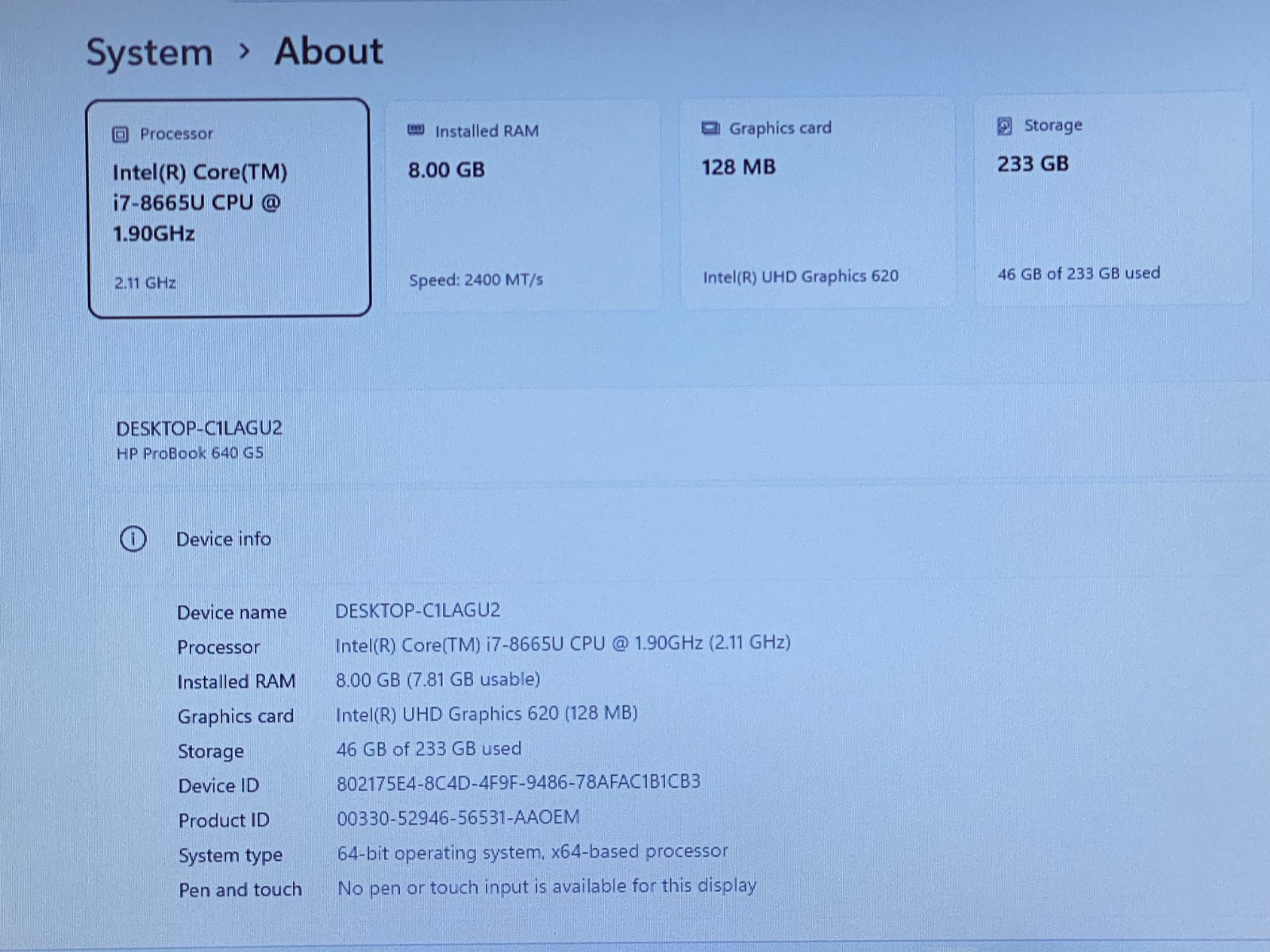 HP PROBOOK 640 G5 14″ i7-8665U 8GB RAM 250GB SSD WINDOWS 11 PRO+CHARGER GRADE B-