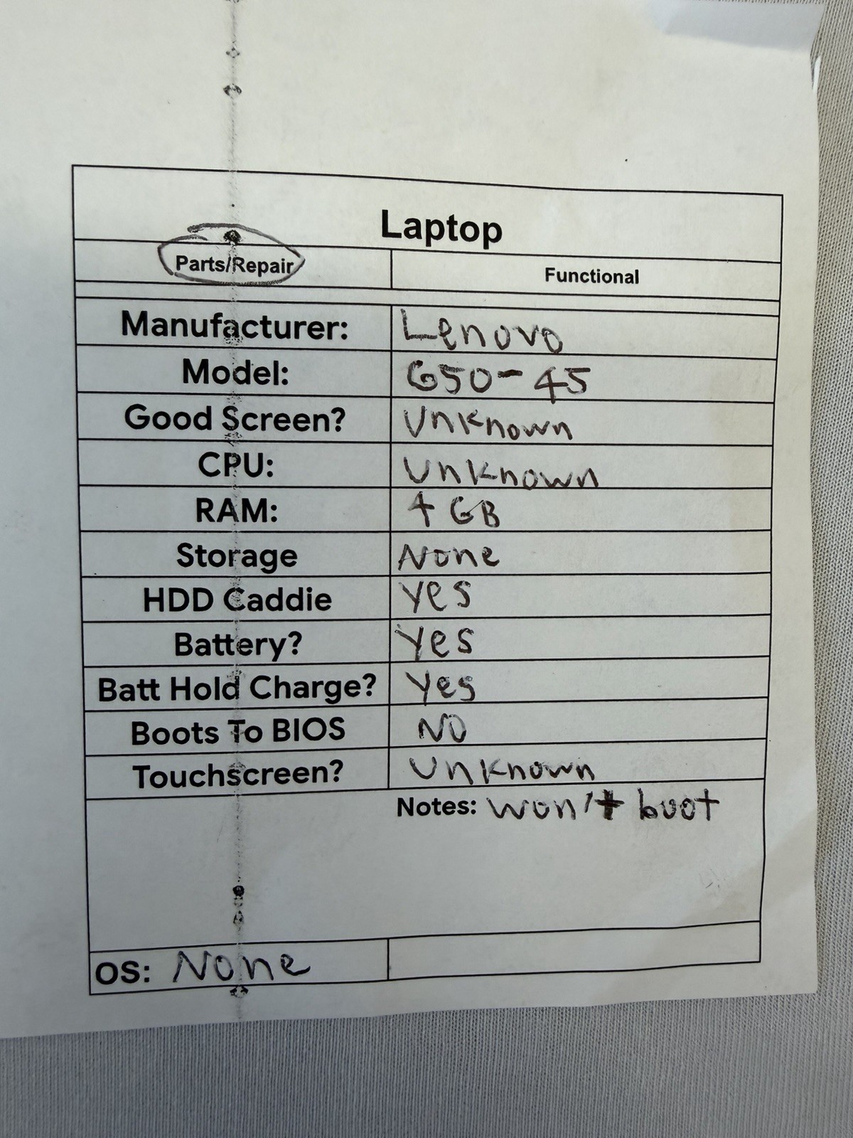 Lenovo G50-45 Laptop – Unknown if Screen is Good – CPU is Unknown – Read Des