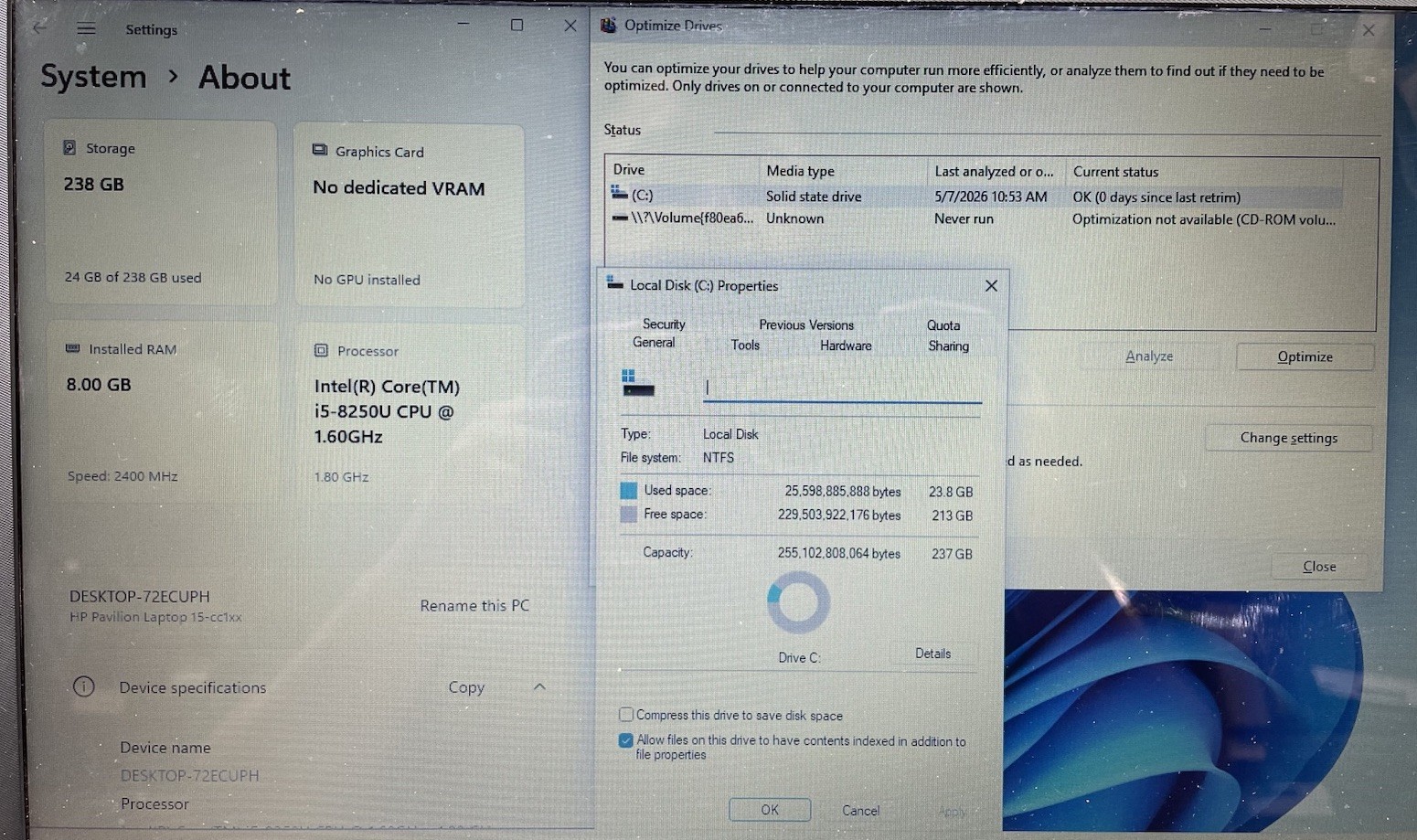 HP Pavilion 3168NGW, Intel Core i5-8250U @1.60GHz, 8GB RAM, 256GB SSD, W11, READ