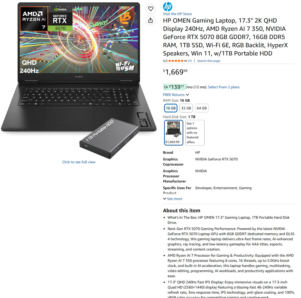 HP OMEN Gaming Laptop, 17.3″ 2K QHD Display 240Hz, AMD Ryzen AI 7 350,NVIDIA5070