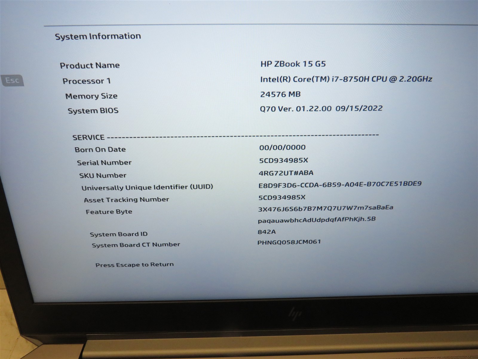 HP Zbook 15 G5 Laptop Intel Core i7-8750H@2.2GHz 24GB RAM *BIOS LOCKED*