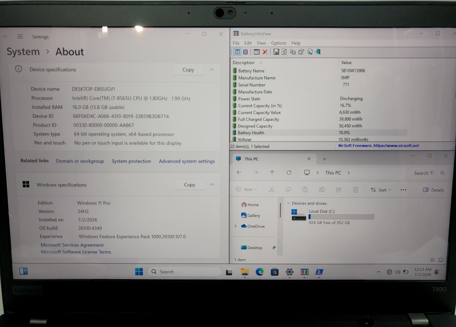 Lenovo Thinkpad T490, Intel Core i7-8565U @1.80GHz, 16GB RAM 1TB SSD, Windows 11