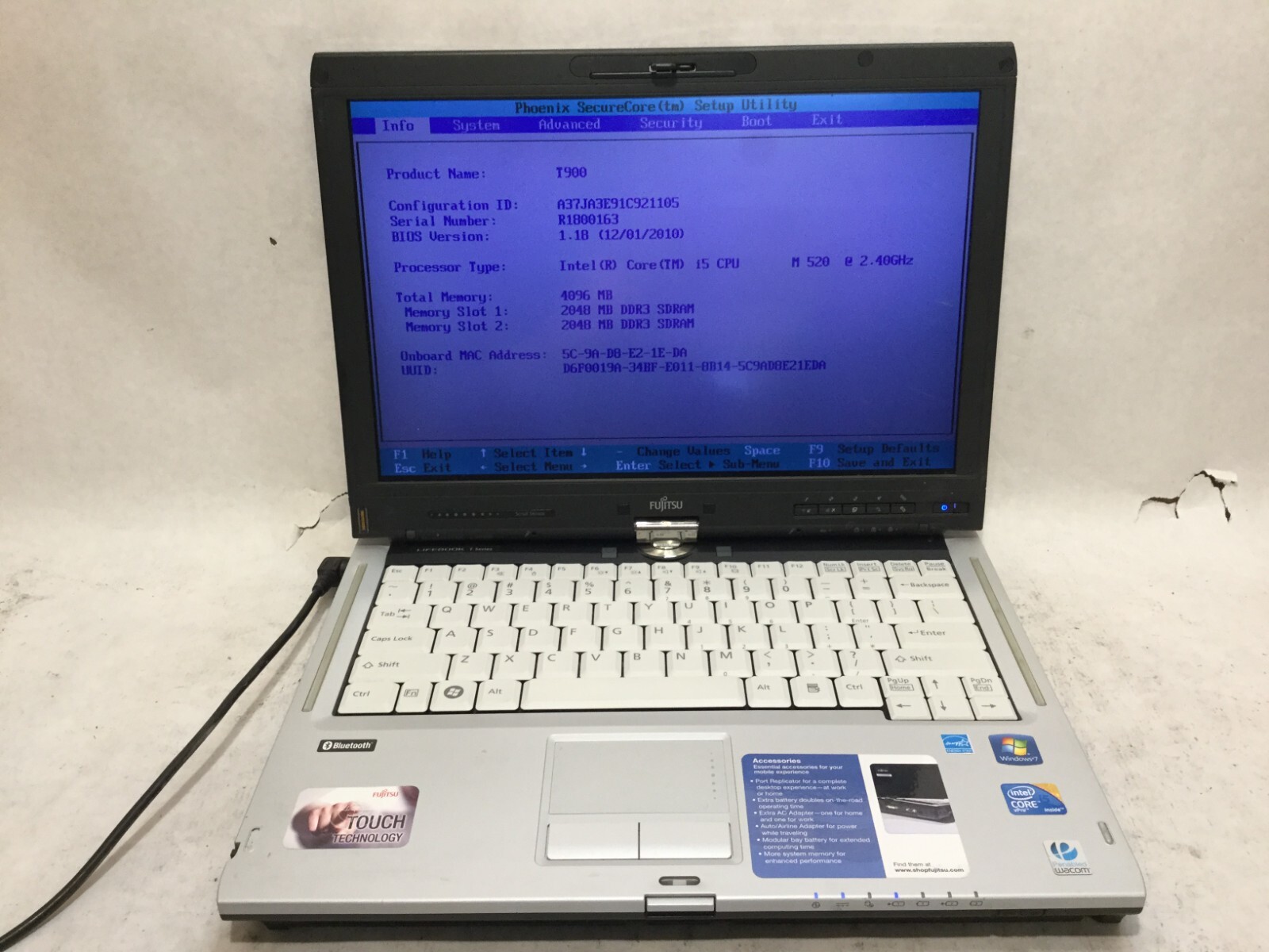 Fujitsu Lifebook T900 / Intel Core i5 M520 @ 2.40GHz / (MISSING PARTS!) -MR