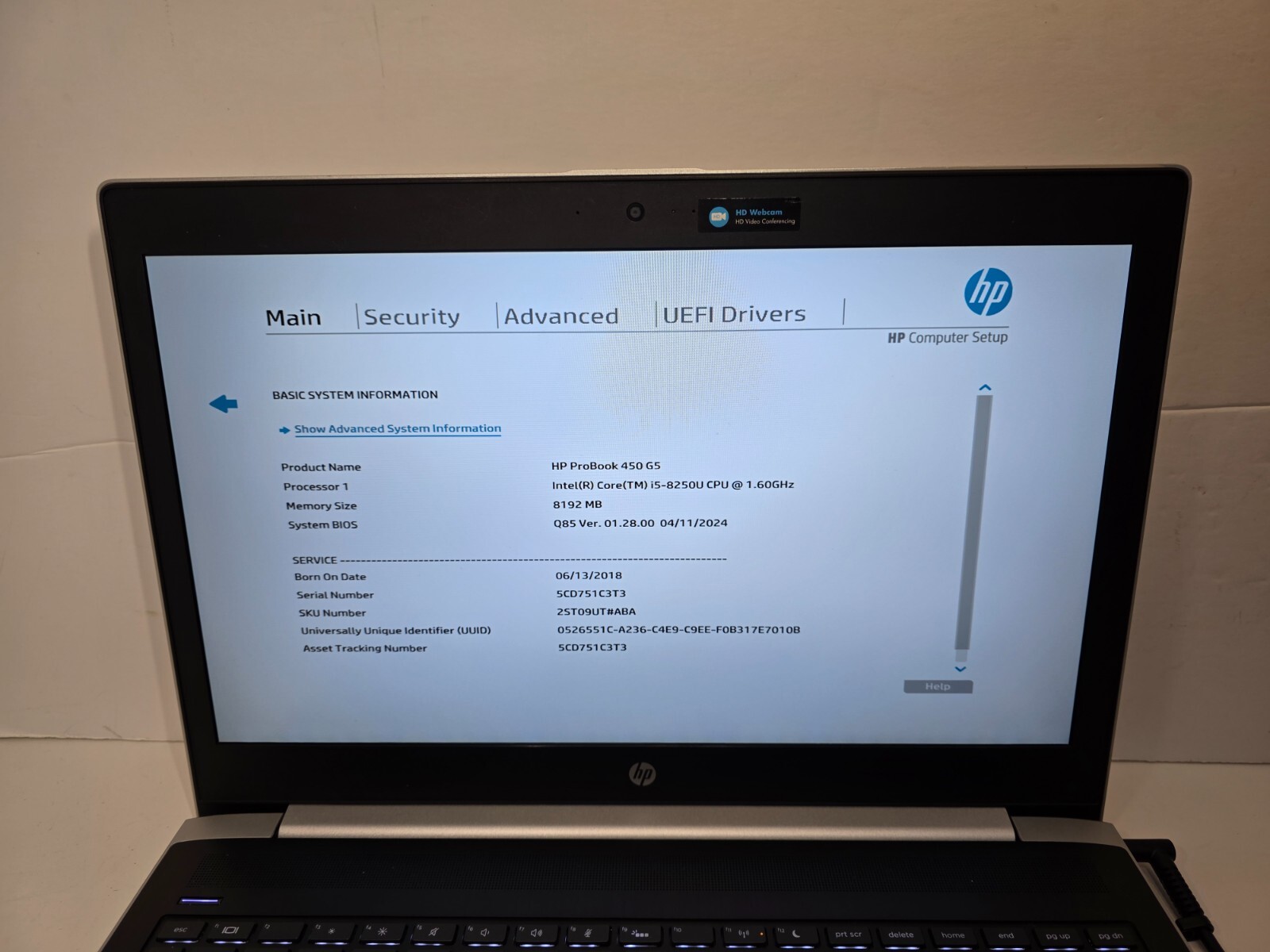 HP ProBook 450 G5 15.6″ / i5-8250U 1.60GHz / 8GB RAM DDR4 / NO SSD / NO CHARGER