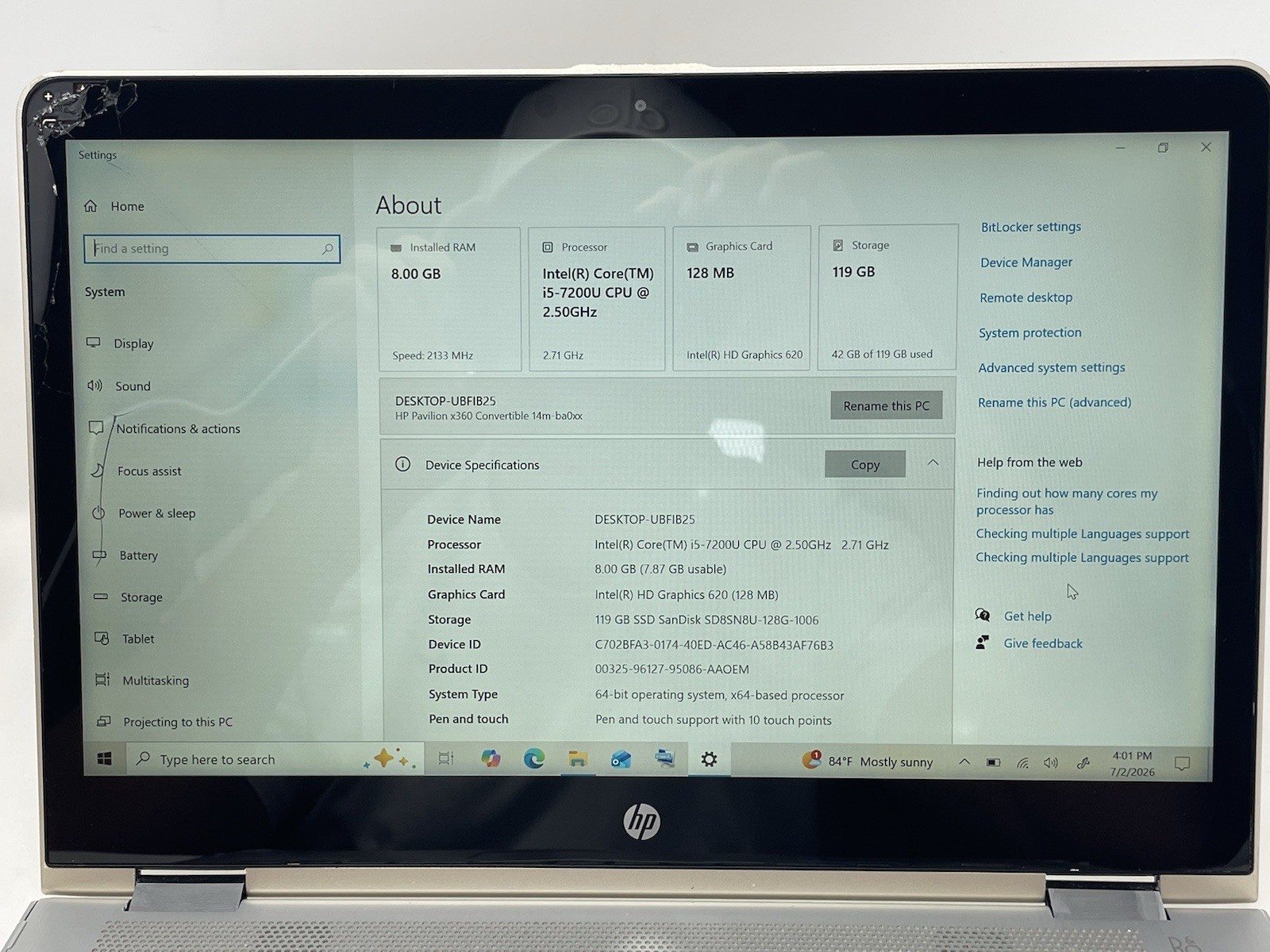 Broken HP Pavilion x360 14m-ba011dx Core i5 8GB 128GB SSD 2-in-1 Touch