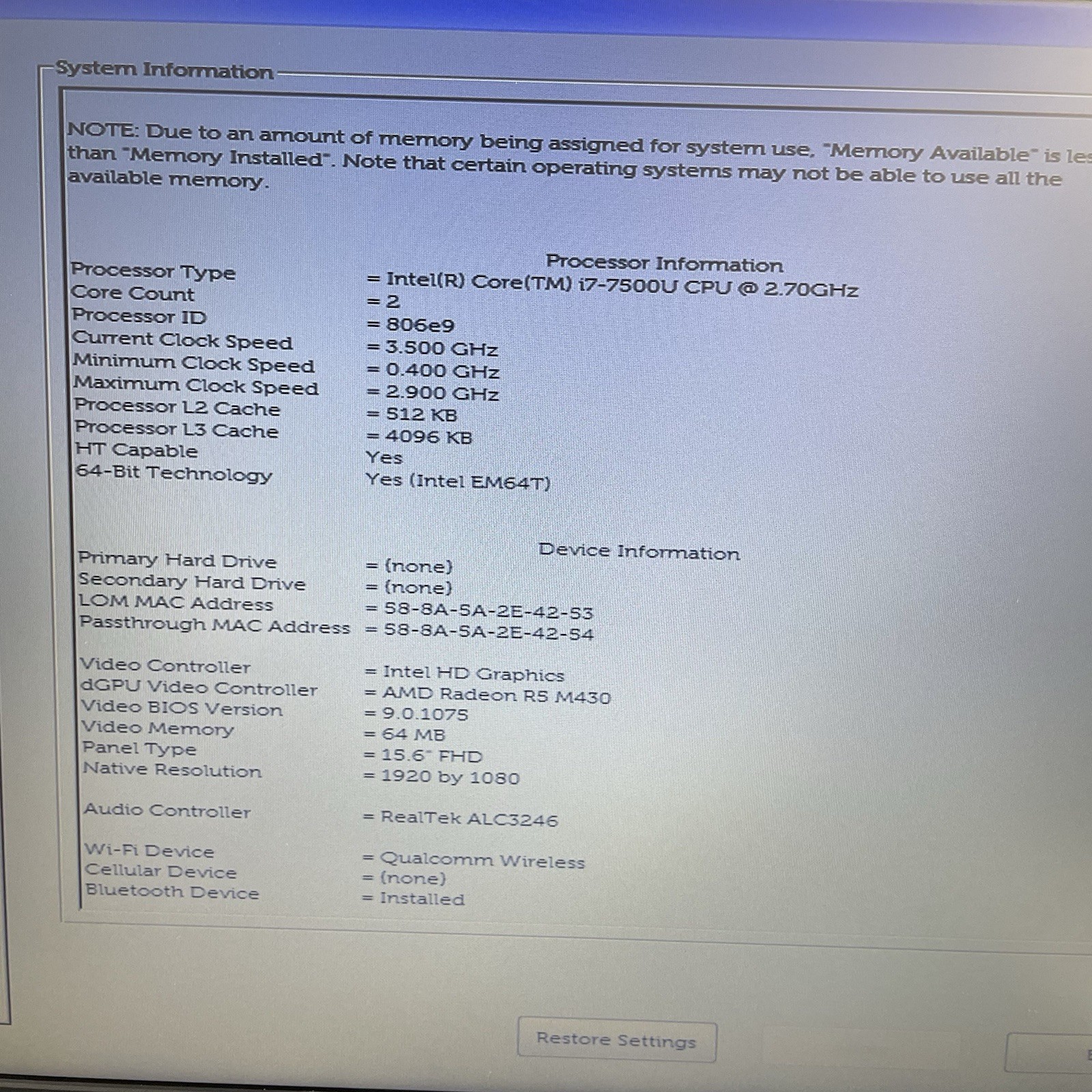 Dell Latitude 3580 15.6″ i7-7500U 2.70 GHz 8 GB RAM No SSD/OS/AC/Battery