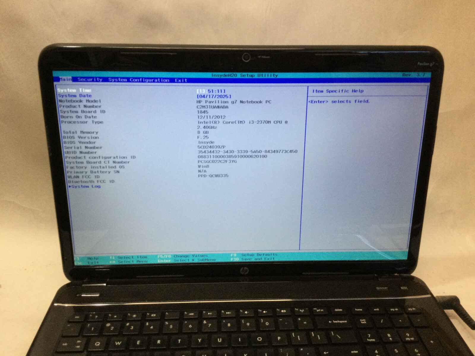 HP PAVILION G7 – BOOTS TO BIOS – INTEL I3 2370M – 8GB RAM – READ DESCRIPTION -BB