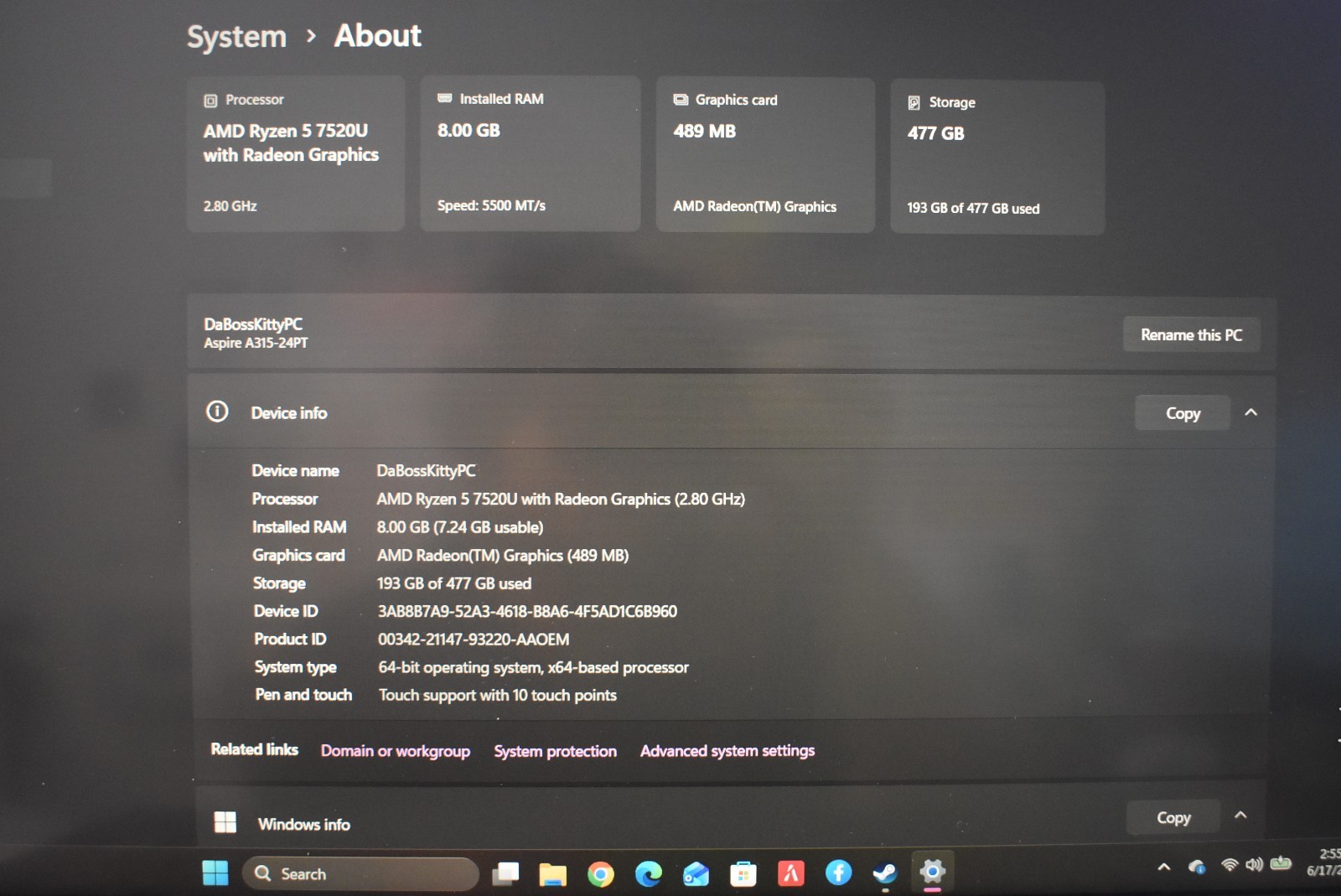 Acer Aspire 3 A315-24PT 15.6″ AMD Ryzen 5 7520U 2.8GHz 8GB Ram 512GB SSD Win11H