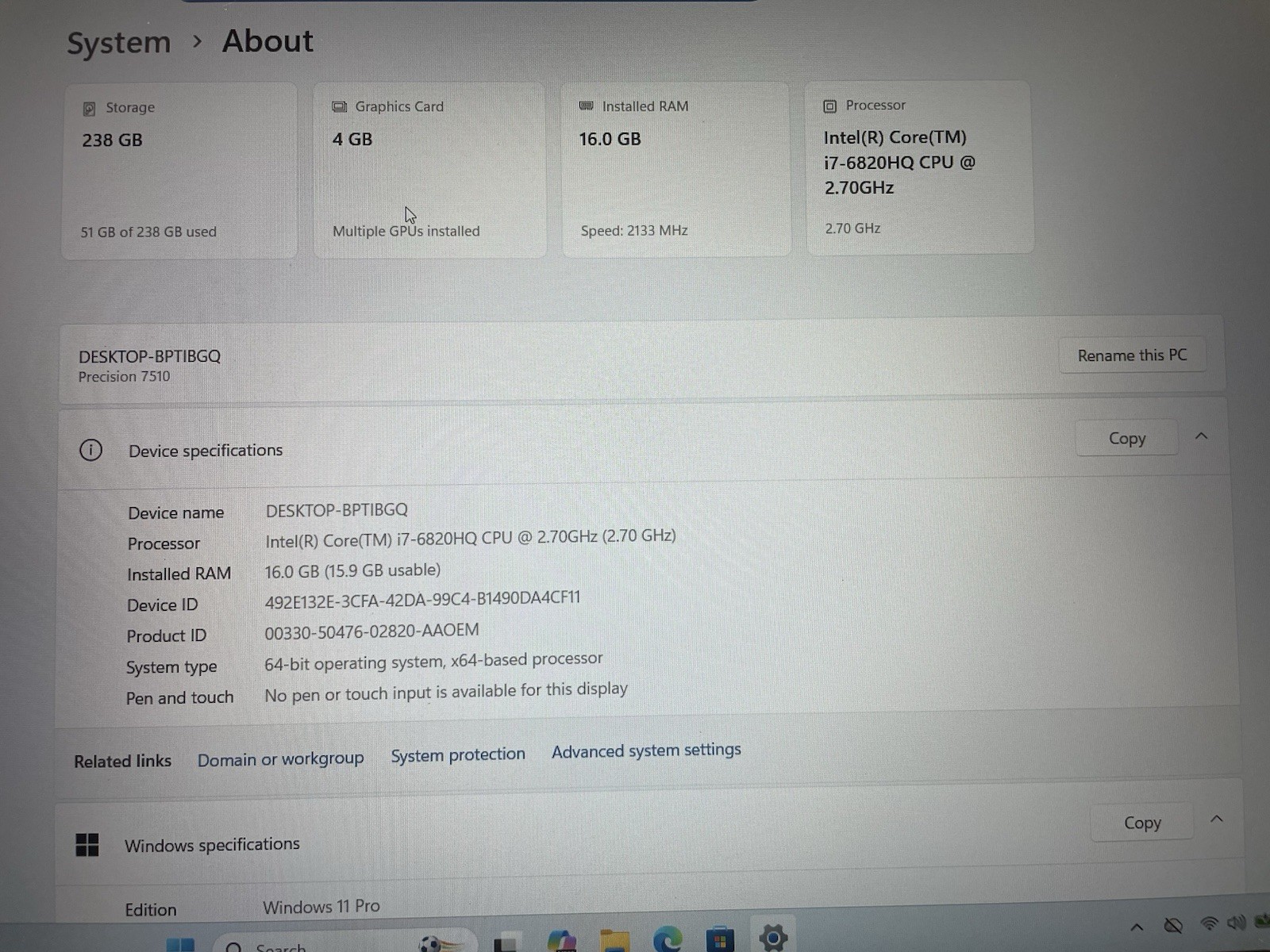 Dell Precision 7510 256gb Nvme Win 11 i7-6729 HQ 4 Core 2.70ghz 16gb RAM HDMI