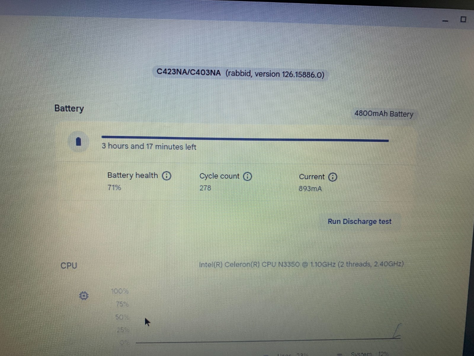 Asus C423NA Chromebook, Intel Celeron N3350 1.10GHz, 4GB RAM, 71% Battery