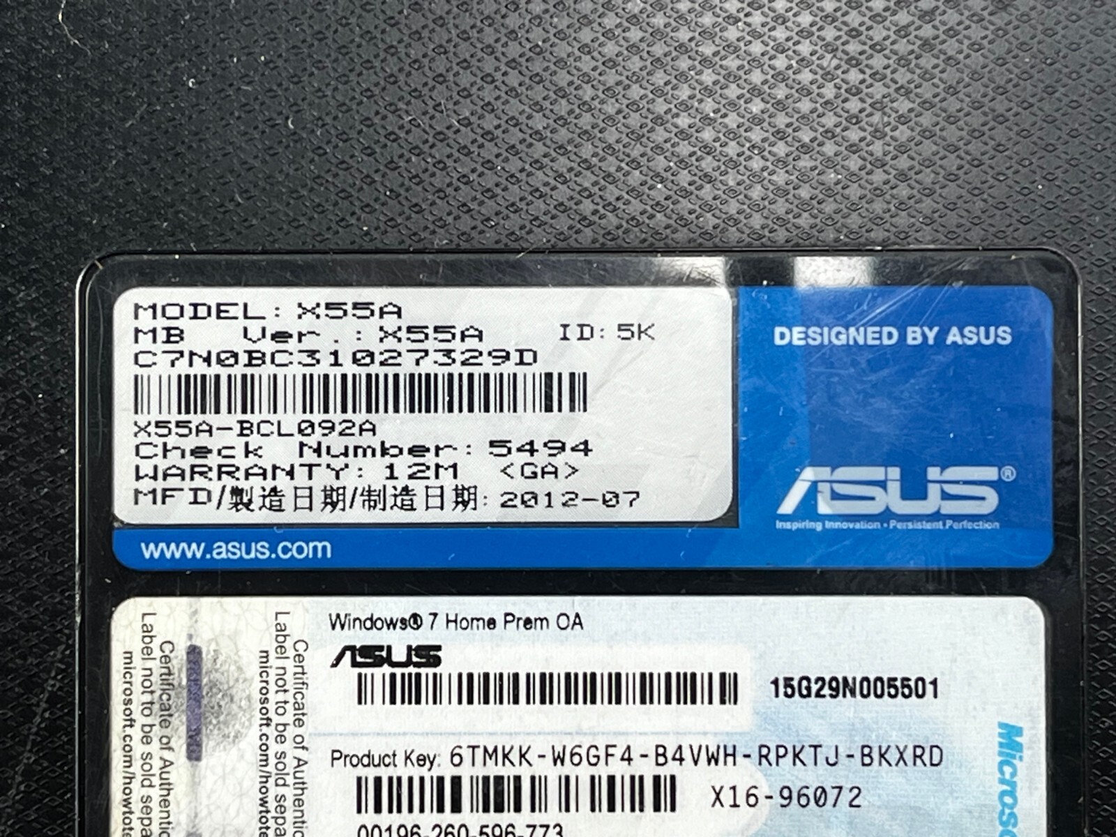 ASUS Inside X55A Laptop 15G29N005501 Parts Or Repair 170473