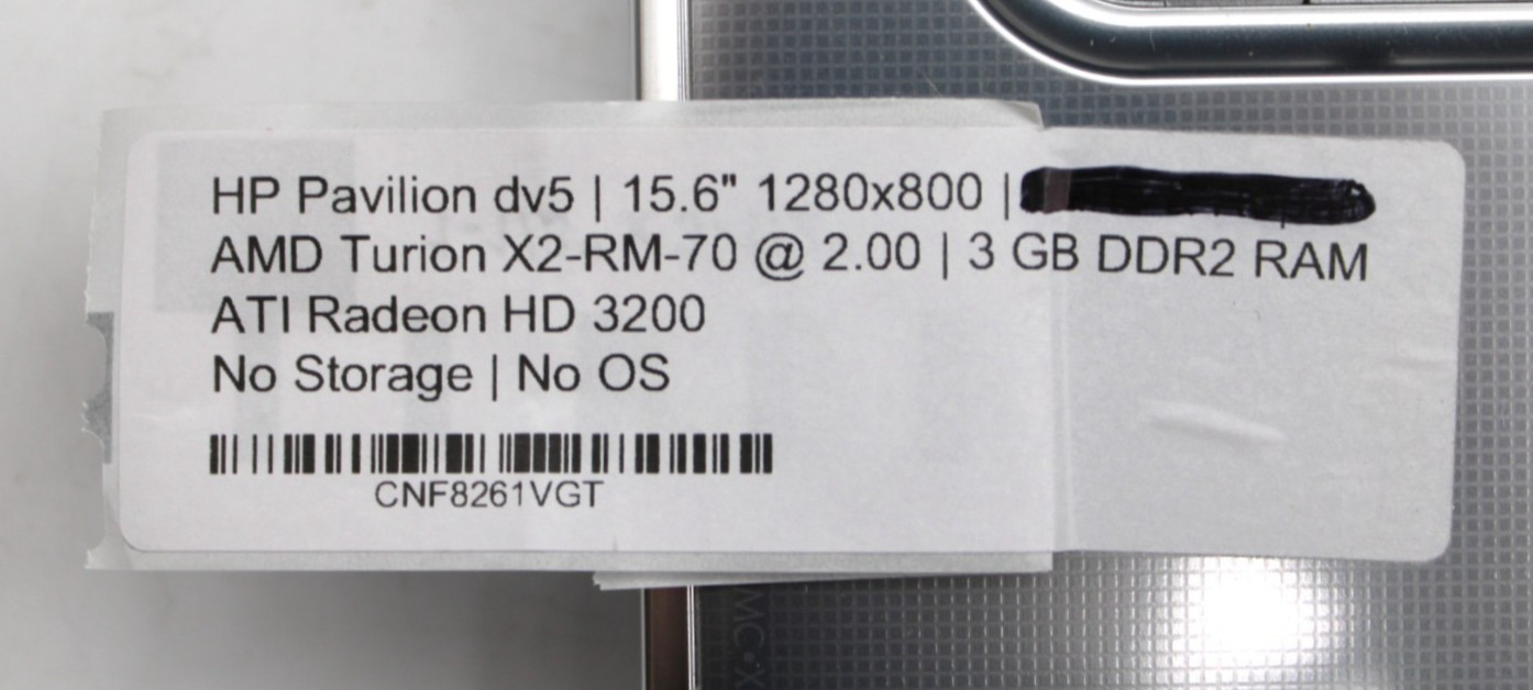 HP Pavilion Dv5 AMD Turion X2-RM-70@2.0GHz 3GB DDR4 NO STORAGE/OS *USED/TESTED*