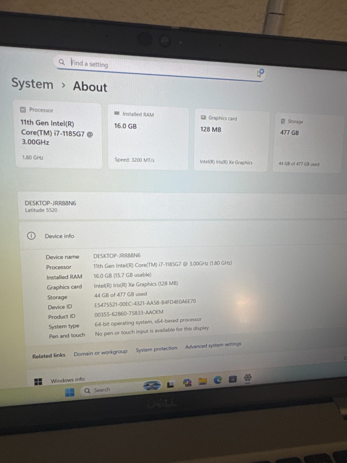 Dell Latitude 5520 i7 11th Gen., 477Gb Storage, 16 Gb Ram, No power adapter.