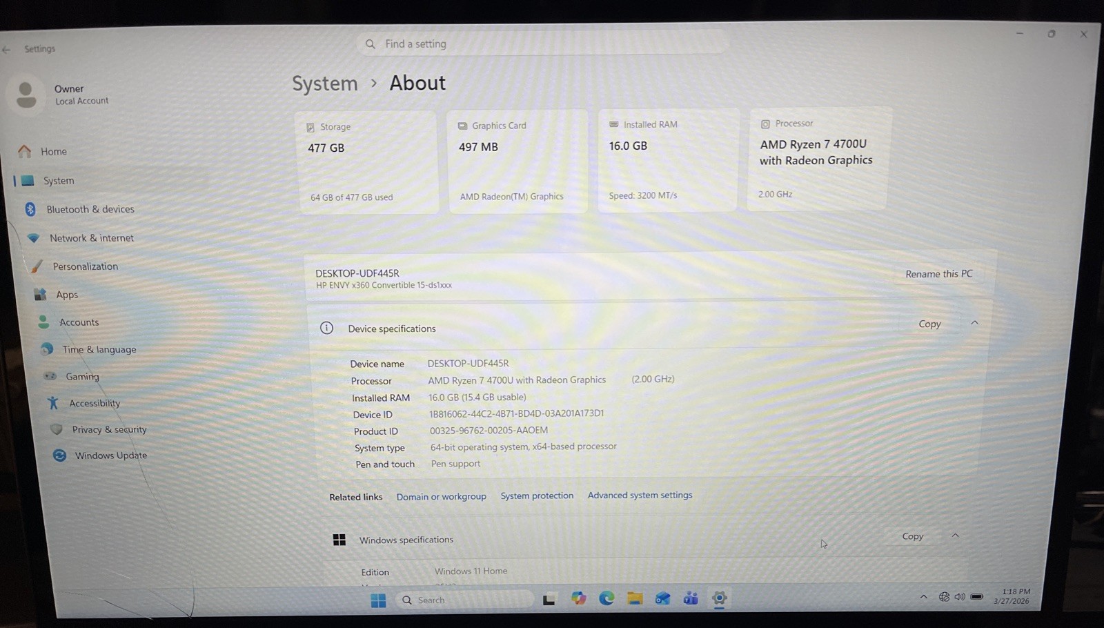 HP Envy x360 Convertible 15 AMD Ryzen 7 4700U@2.0GHz, 16GB RAM, 256 GB M2 *READ*