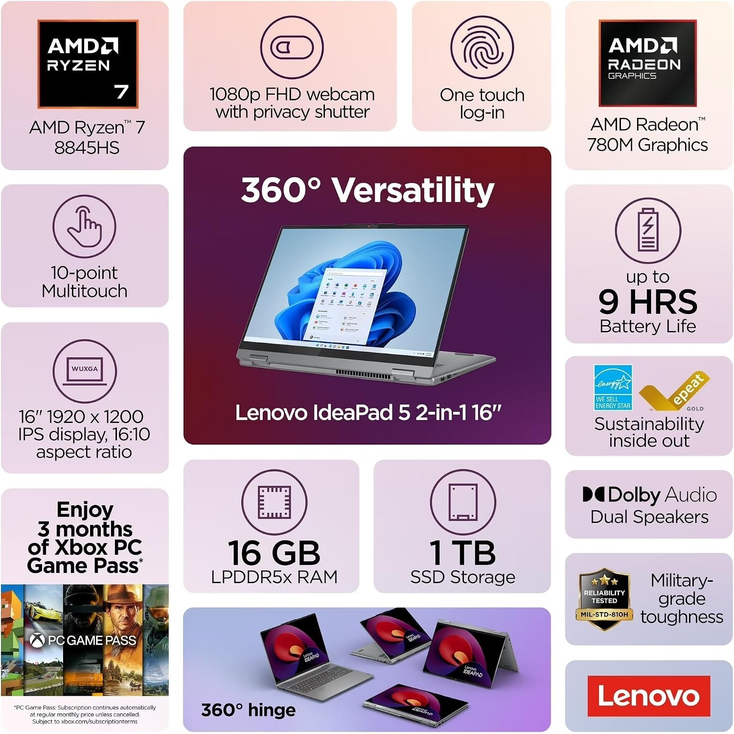 Lenovo IdeaPad 5 16″ Touchscreen 2-in-1 Laptop AMD Ryzen 7 8845HS 16GB 2TB SSD