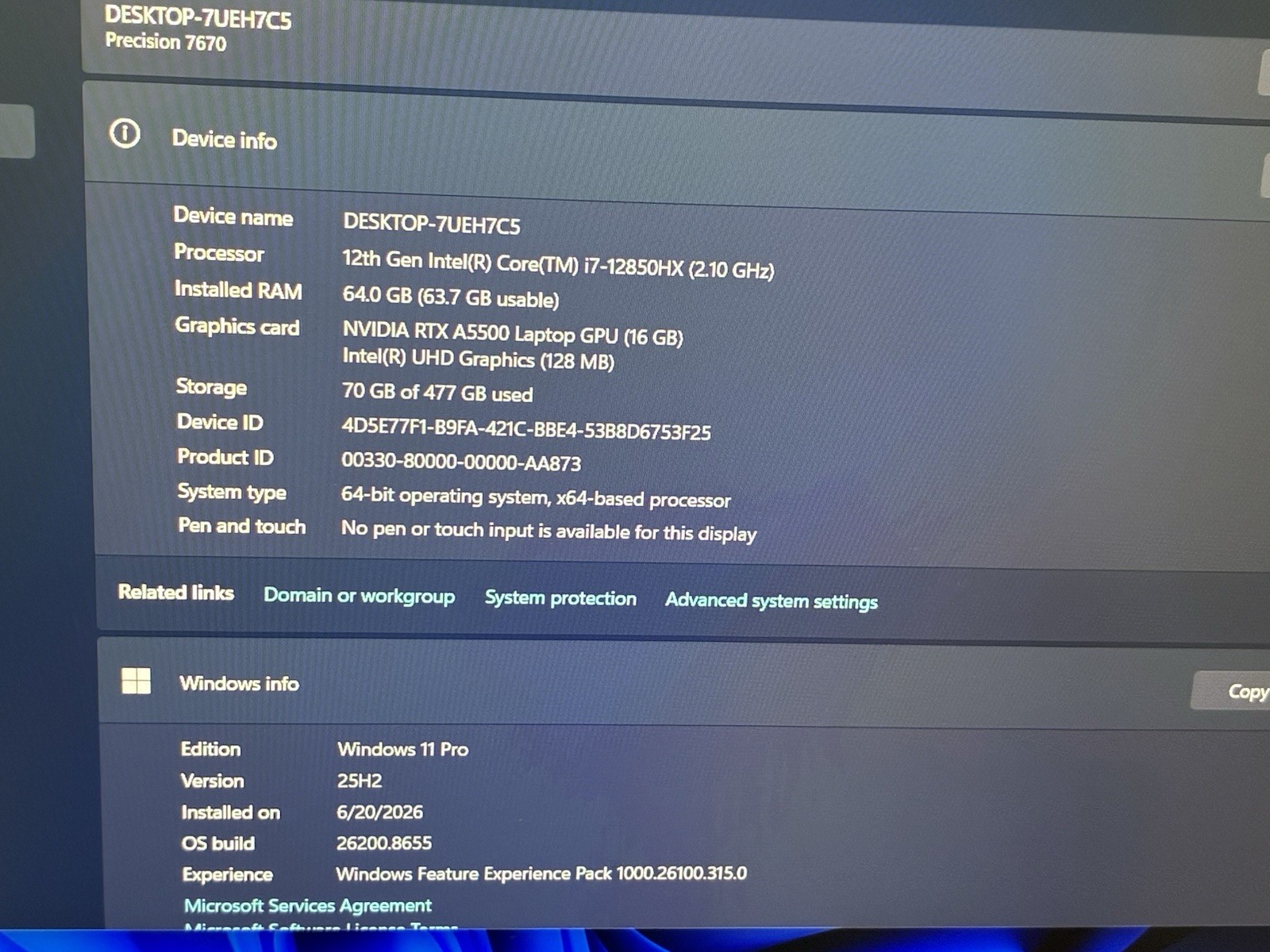 Dell Precision 7670 16” FHD+ i7-12850HX 64GB RAM 512GB SSD RTX A5500 5G
