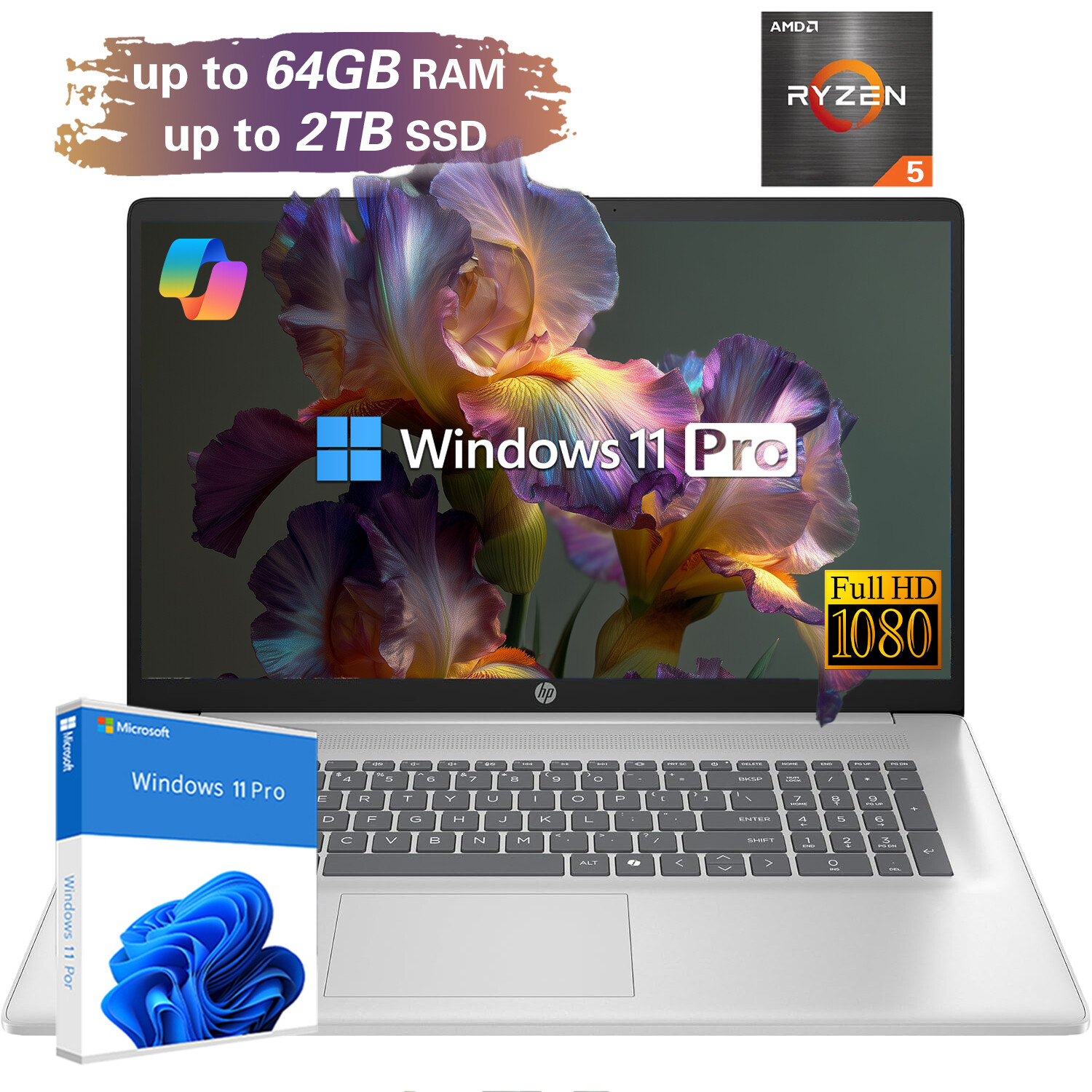 HP Touchscreen Laptop 17.3 in Ryzen 5-7430U computer UP TO 64GB RAM 2TB Win11Pro